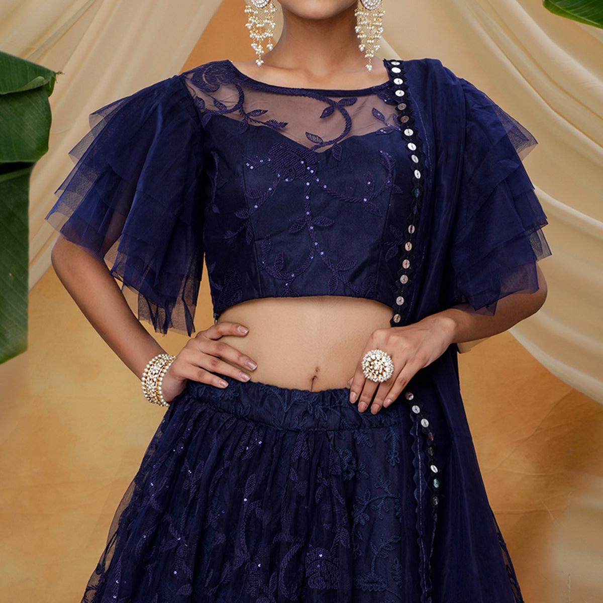 Hypnotic Navy Blue Colored Designer Partywear Embroidered Net Lehenga Choli - Peachmode