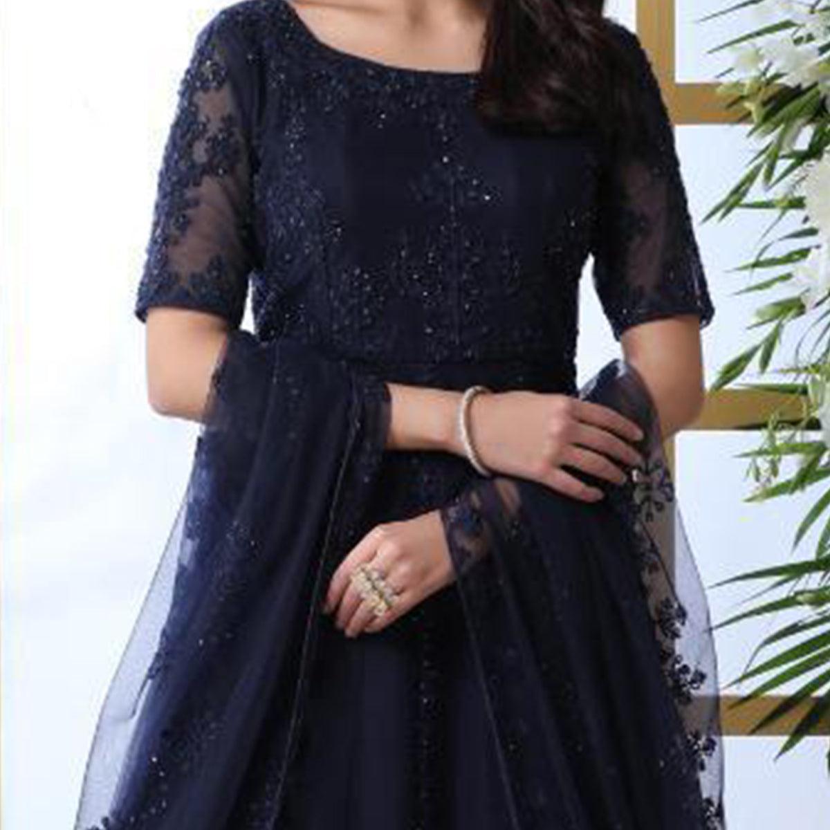 Hypnotic Navy Blue Colored Party Wear Embroidered Net Gown With Dupatta - Peachmode