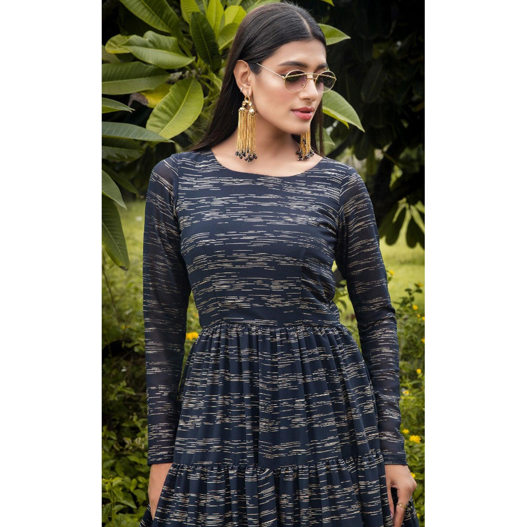 Hypnotic Navy Blue Colored Party Wear Foil Printed Georgette Gown - Peachmode