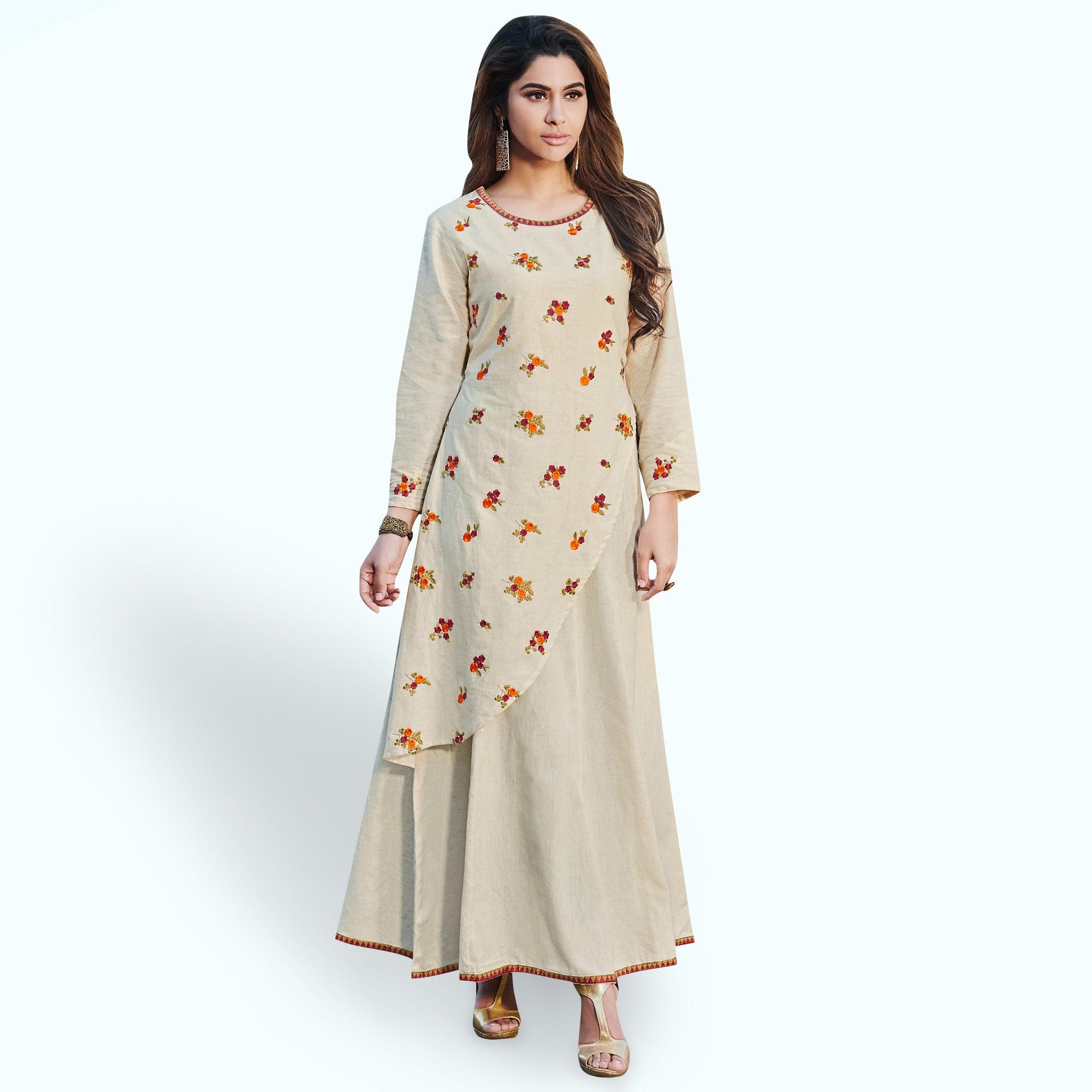 Hypnotic Off White Colored Partywear Embroidered Rayon Kurti - Peachmode