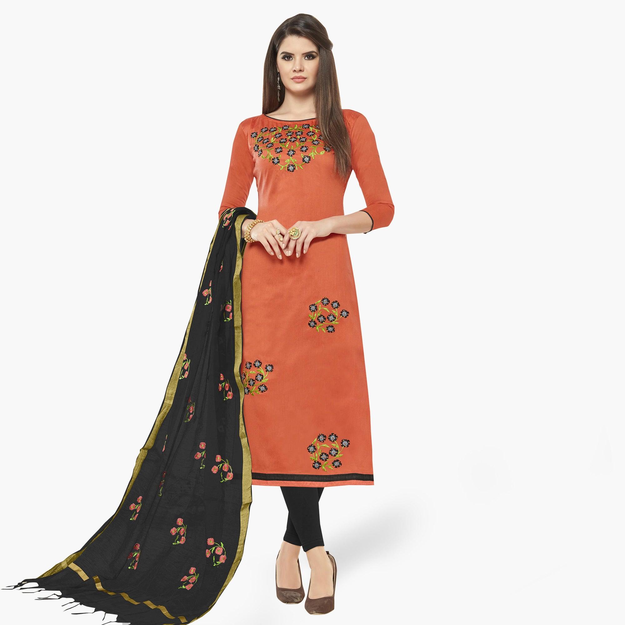 Hypnotic Peach Colored Casual Wear Embroidered Cotton Dress Material - Peachmode