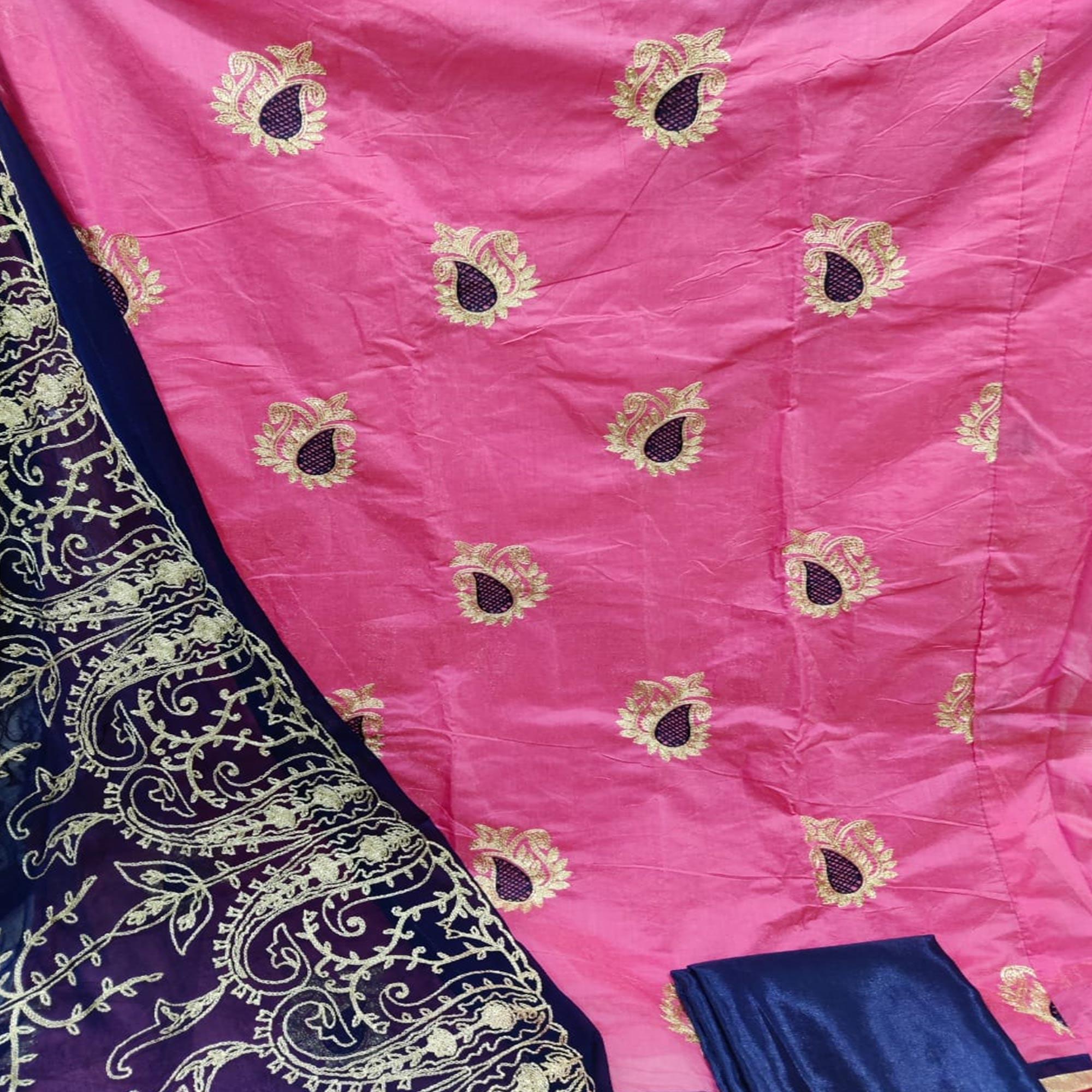 Hypnotic Pink Colored Casual Wear Embroidered Chanderi Dress Material - Peachmode