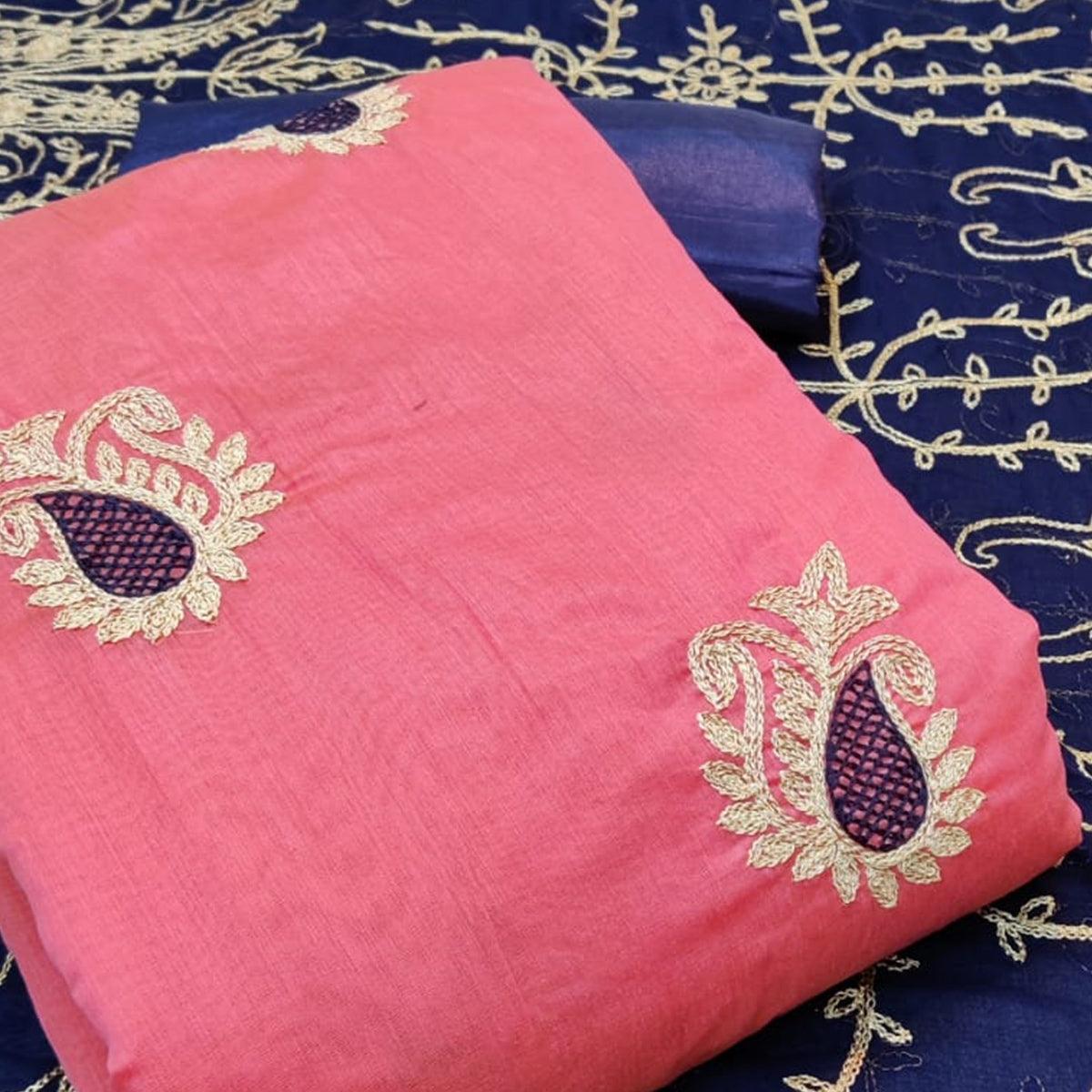 Hypnotic Pink Colored Casual Wear Embroidered Chanderi Dress Material - Peachmode