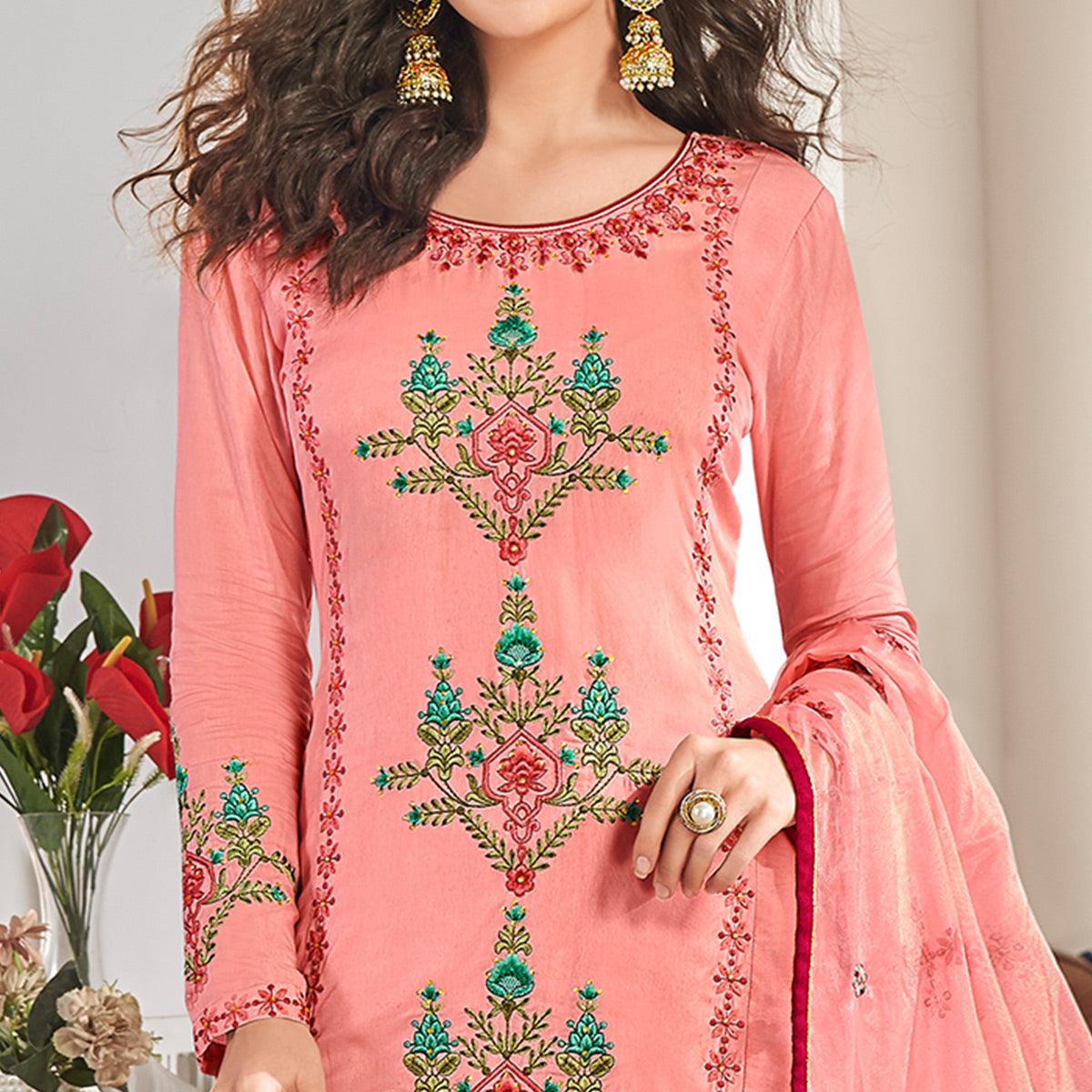 Hypnotic Pink Colored Partywear Floral Embroidered Cotton Kurti-Palazzo Set With Dupatta - Peachmode