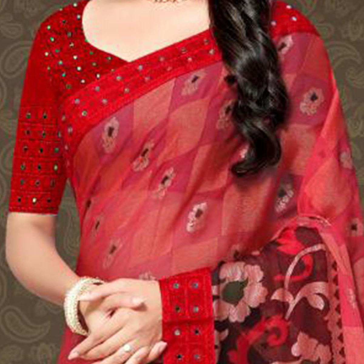 Hypnotic Pink - Peach Colored Partywear Embroidered Chiffon Brasso Saree - Peachmode