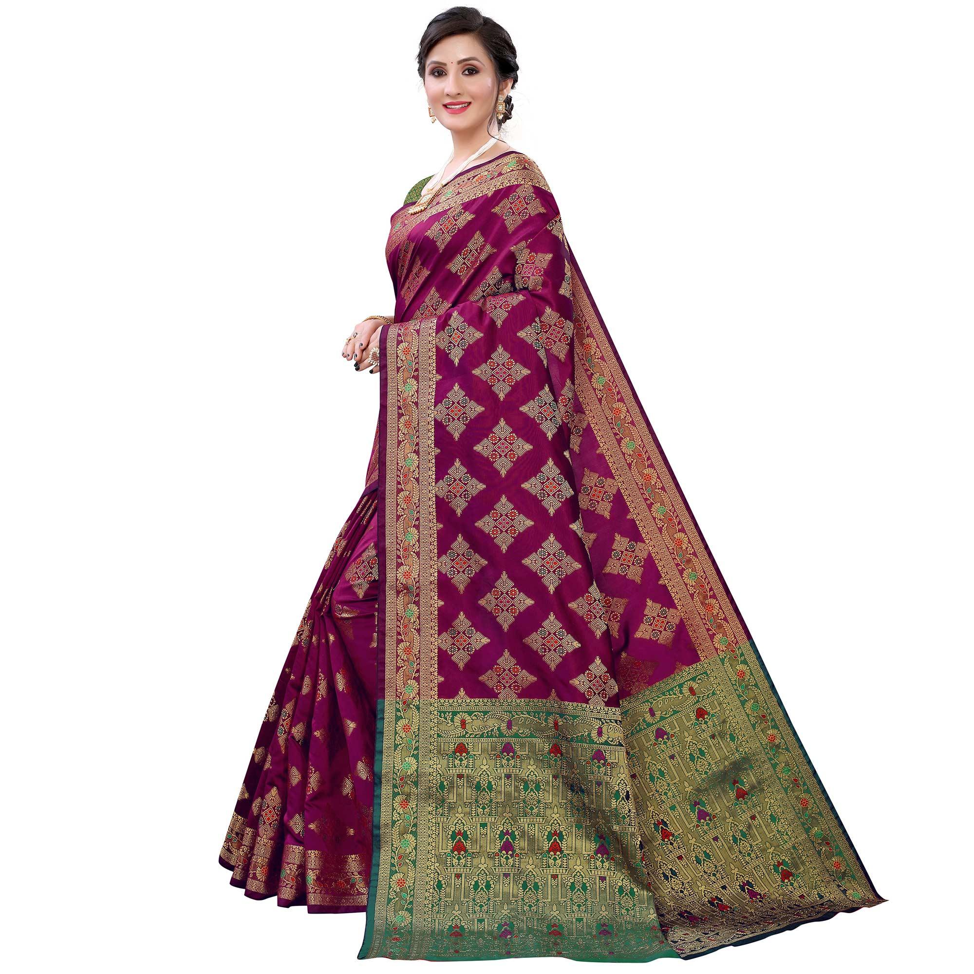 Hypnotic Purple Colored Festive Wear Woven Silk Saree - Peachmode