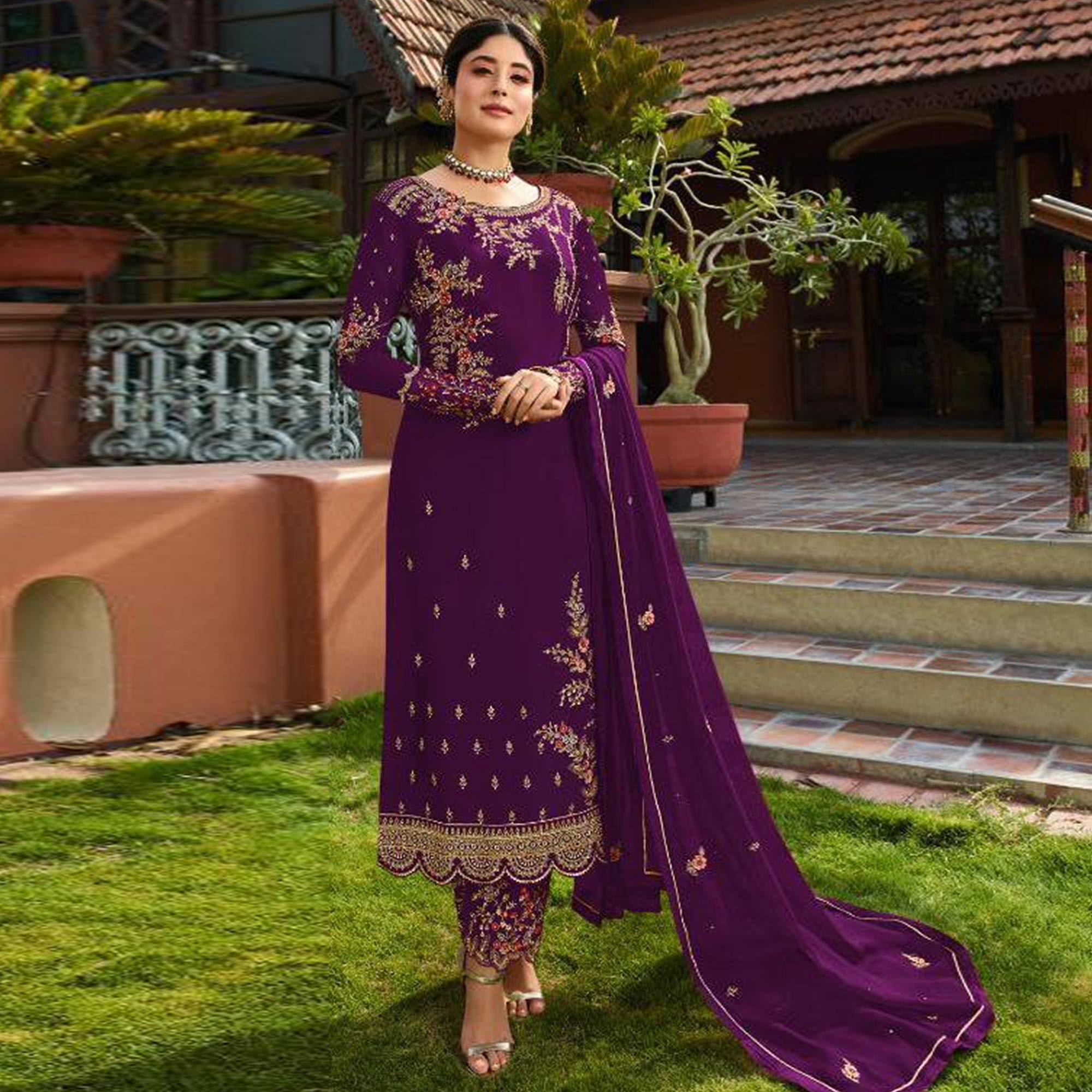Hypnotic Purple Colored Partywear Embroidered Gerorgette Straight Suit - Peachmode