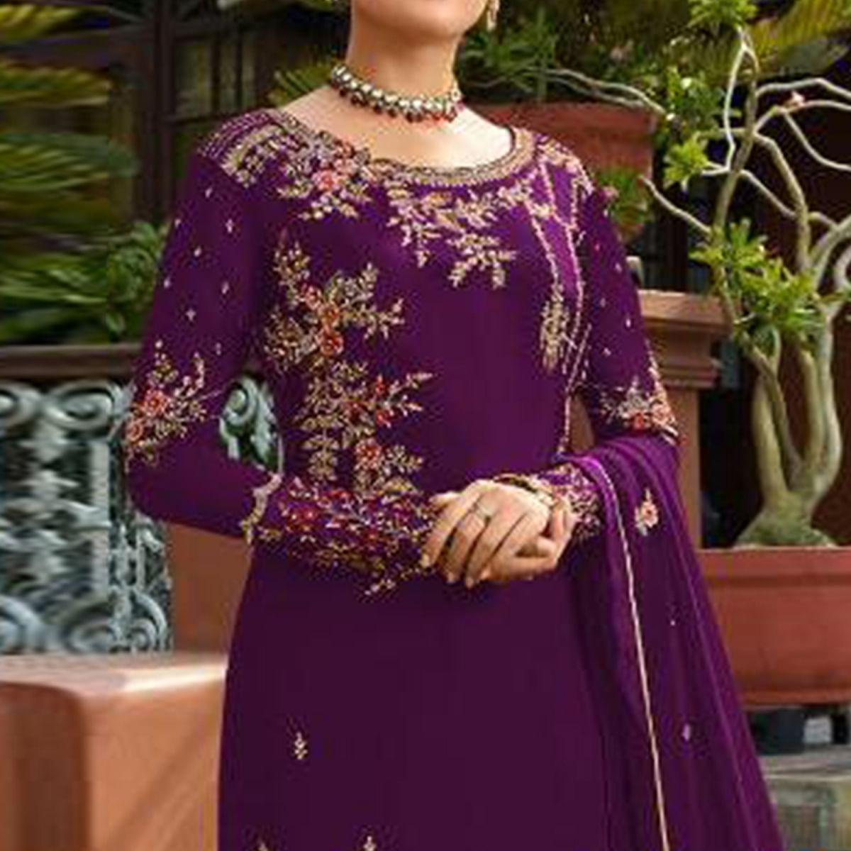 Hypnotic Purple Colored Partywear Embroidered Gerorgette Straight Suit - Peachmode