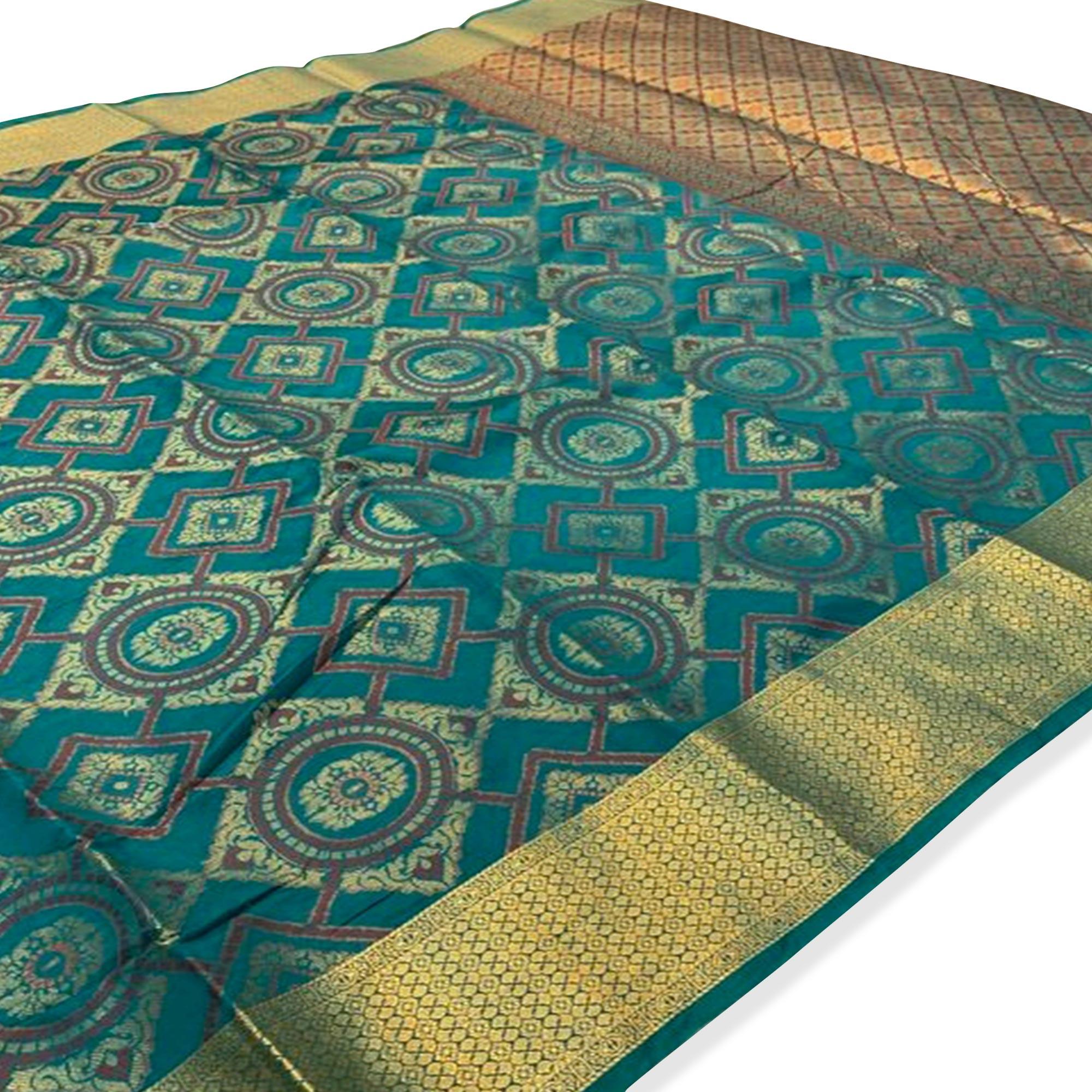 Hypnotic Rama Green Colored Festive Wear Woven Silk Saree - Peachmode