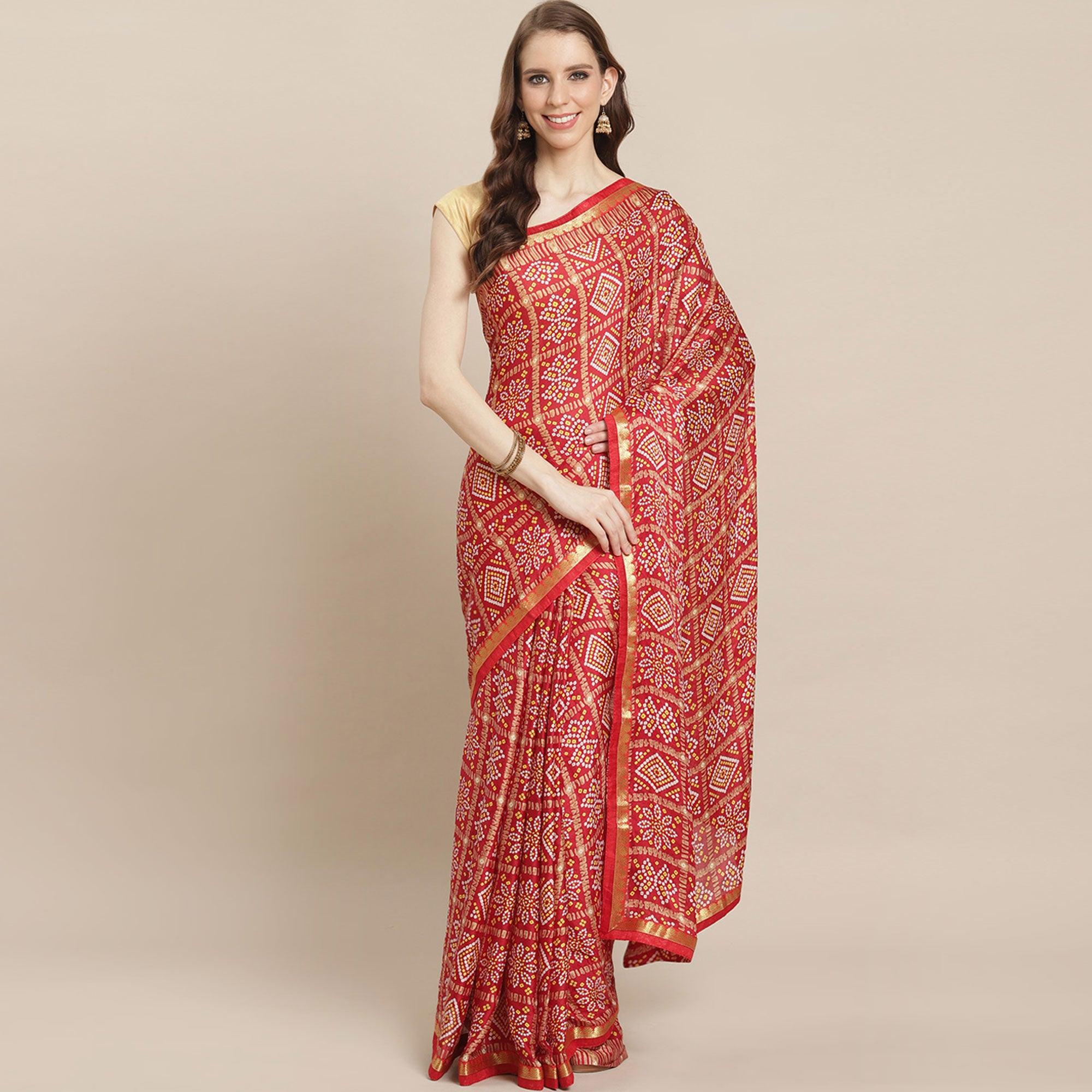Hypnotic Red Colored Festive Wear Woven Moss Georgette Saree - Peachmode