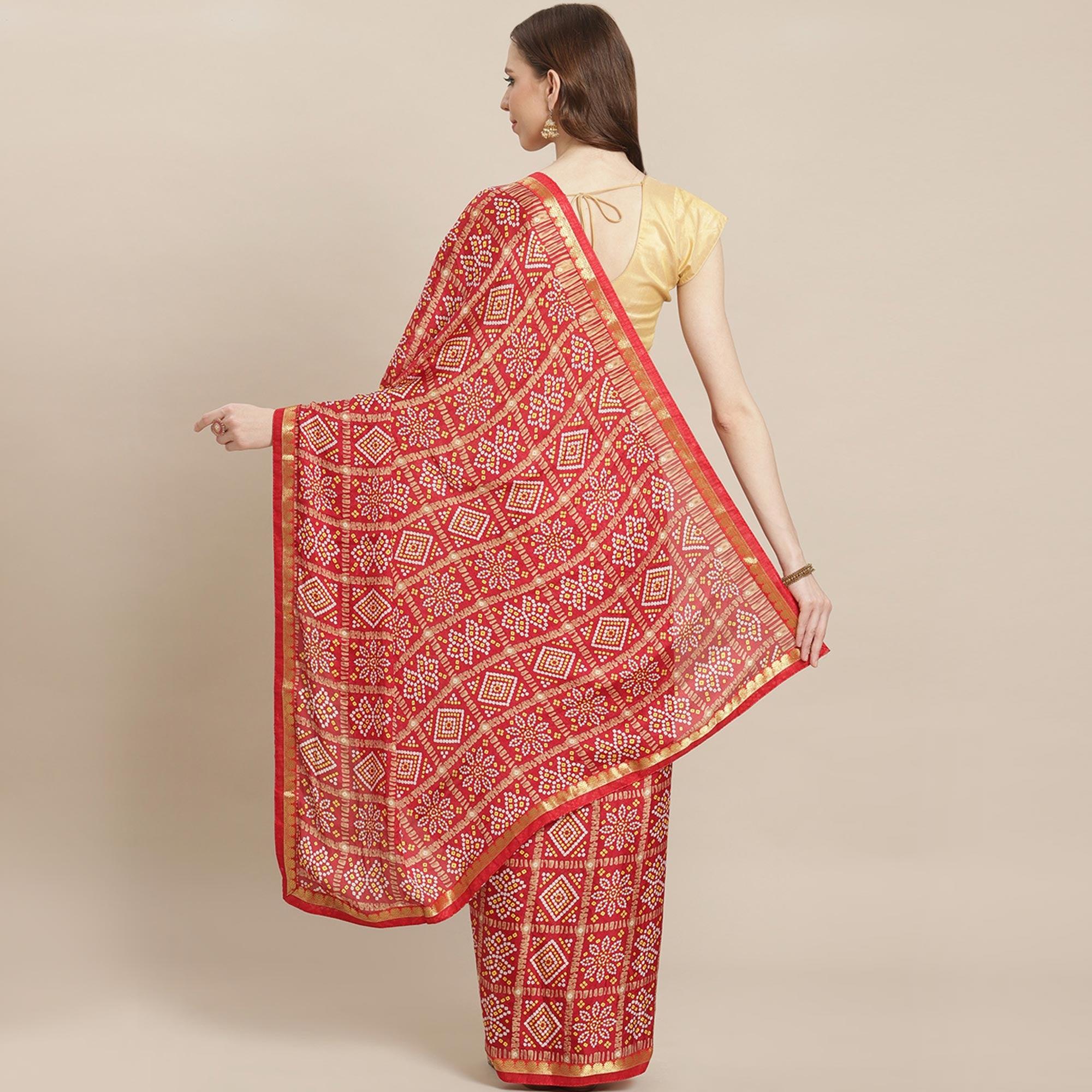 Hypnotic Red Colored Festive Wear Woven Moss Georgette Saree - Peachmode