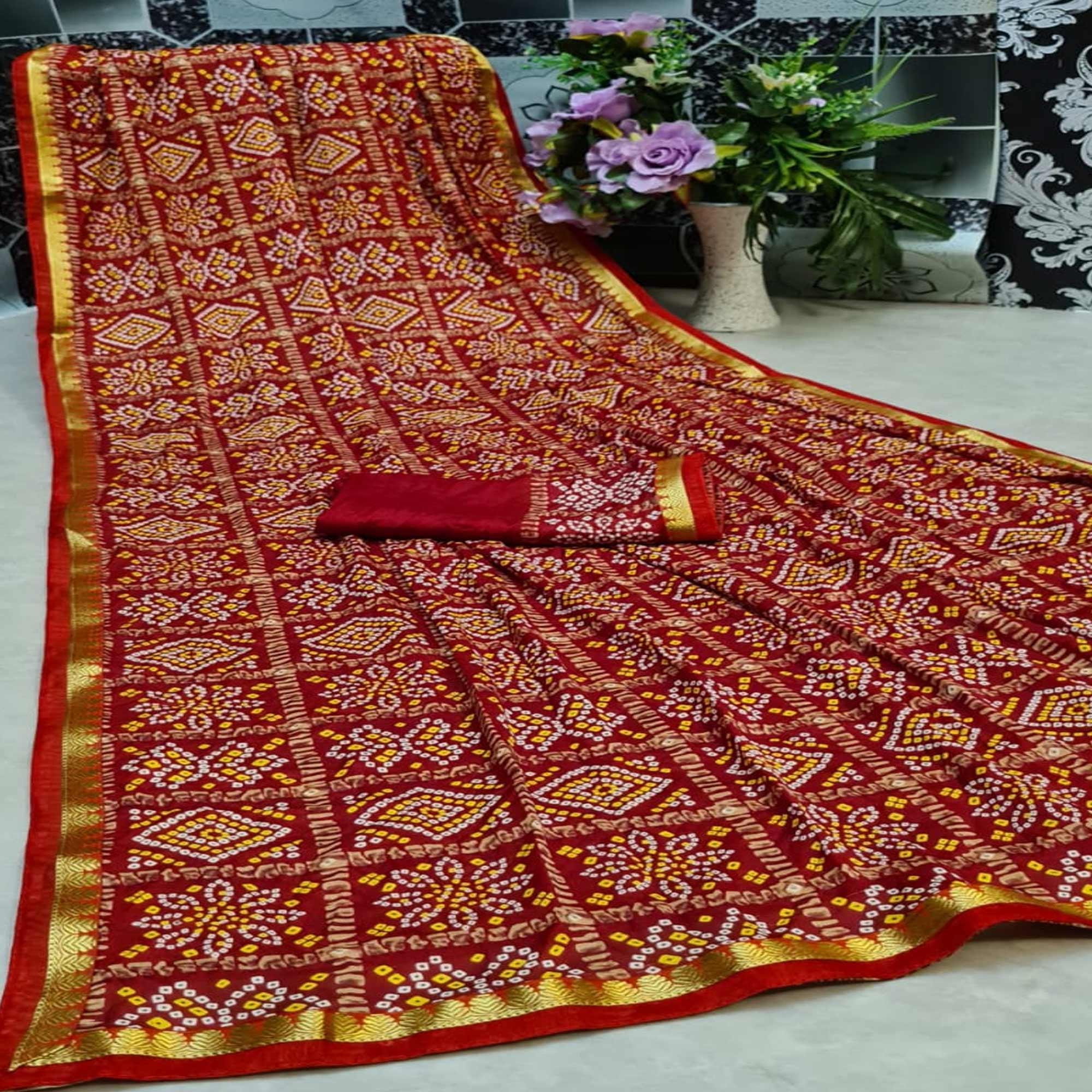 Hypnotic Red Colored Festive Wear Woven Moss Georgette Saree - Peachmode