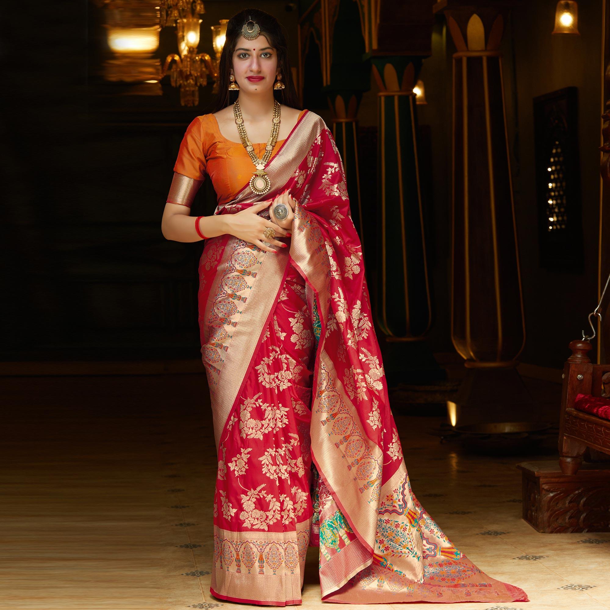 Hypnotic Red Colored Festive Wear Woven Silk Saree - Peachmode