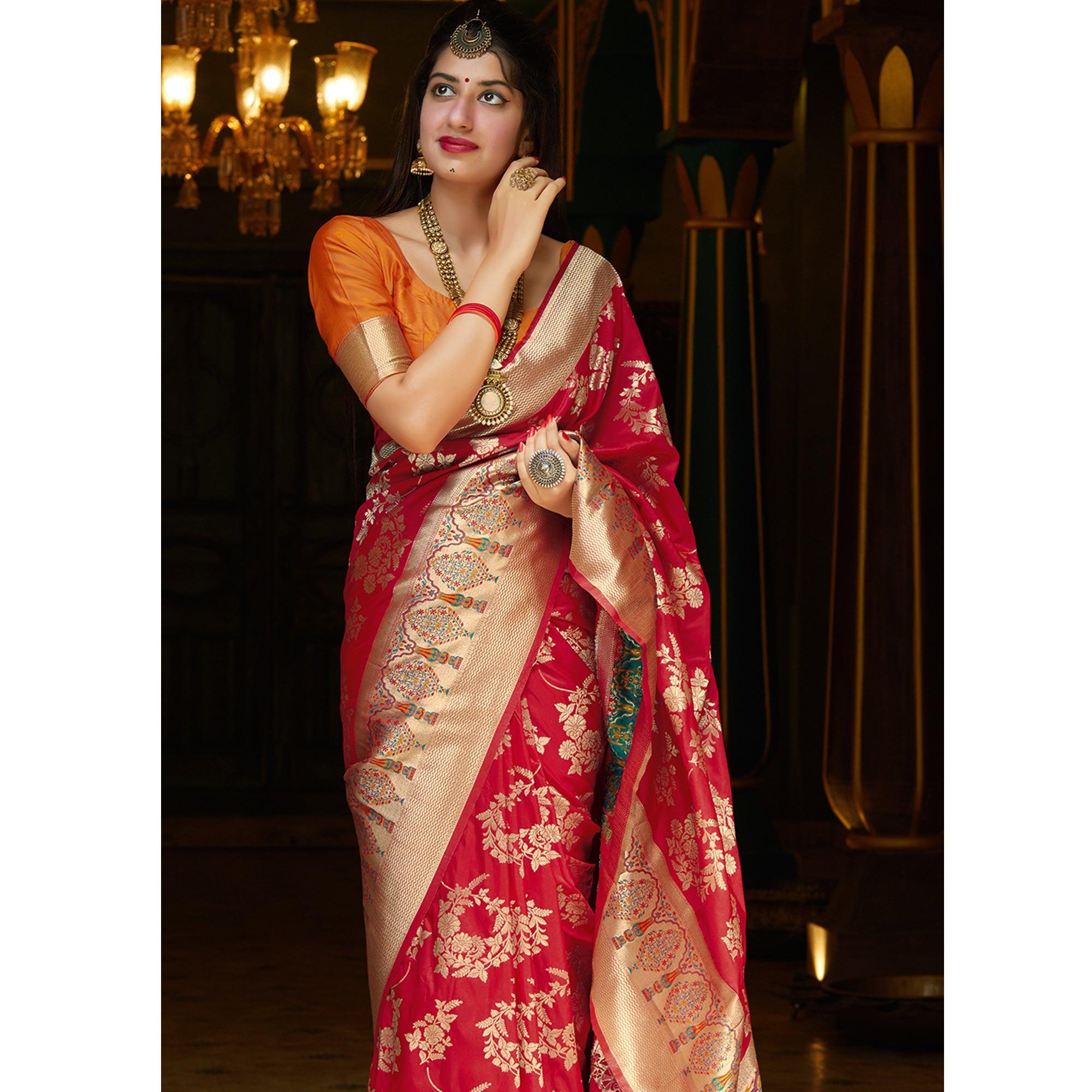 Hypnotic Red Colored Festive Wear Woven Silk Saree - Peachmode