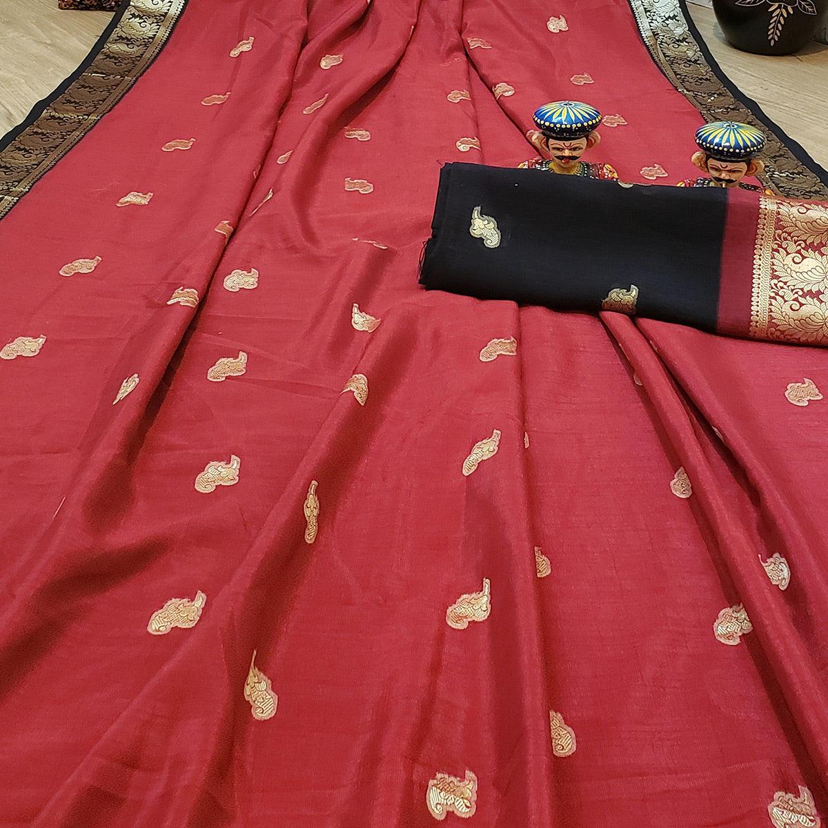 Hypnotic Red Colored Festive Wear Woven Soft Vichitra Silk Saree - Peachmode