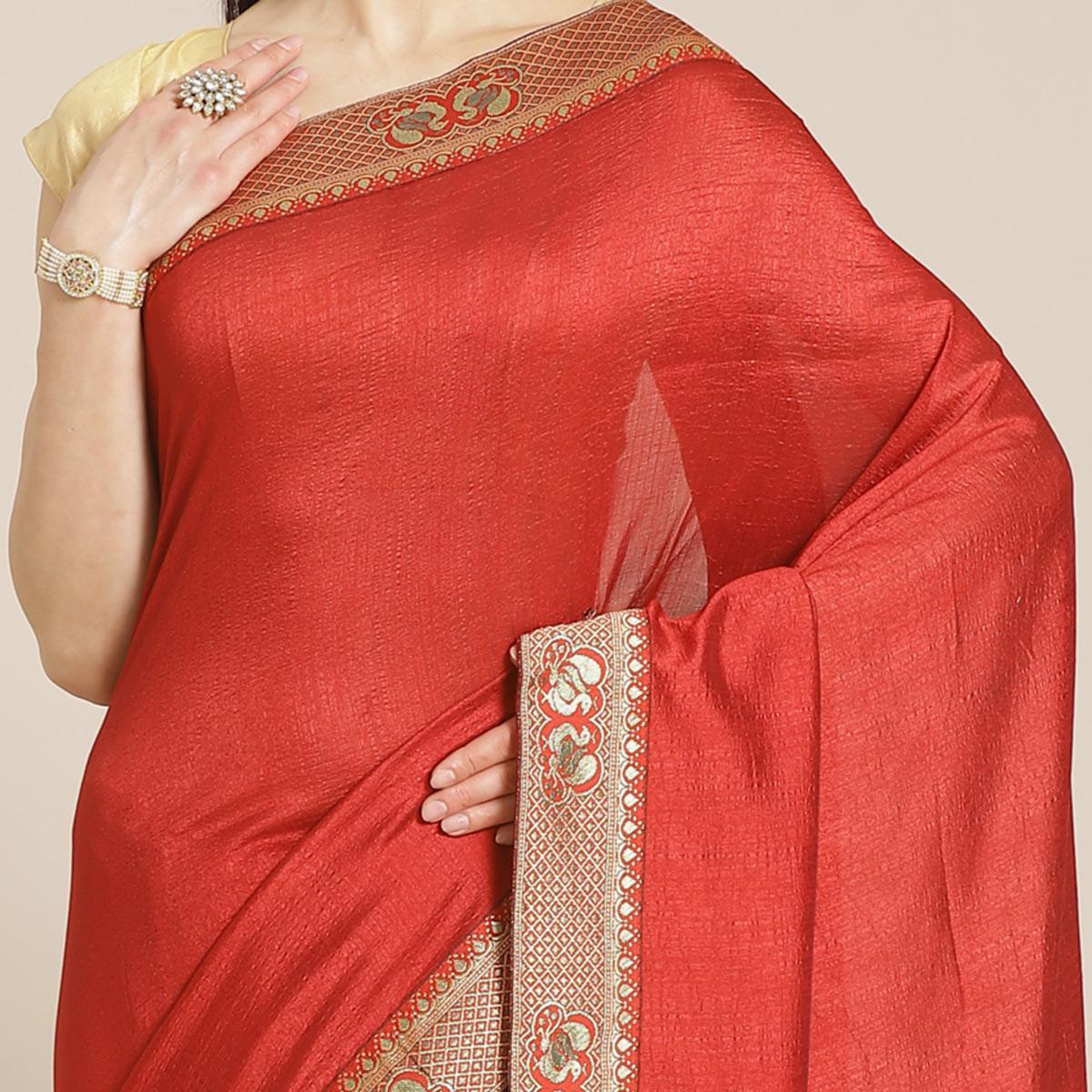 Hypnotic Red Colored Festive Woven Silk Blend Saree - Peachmode