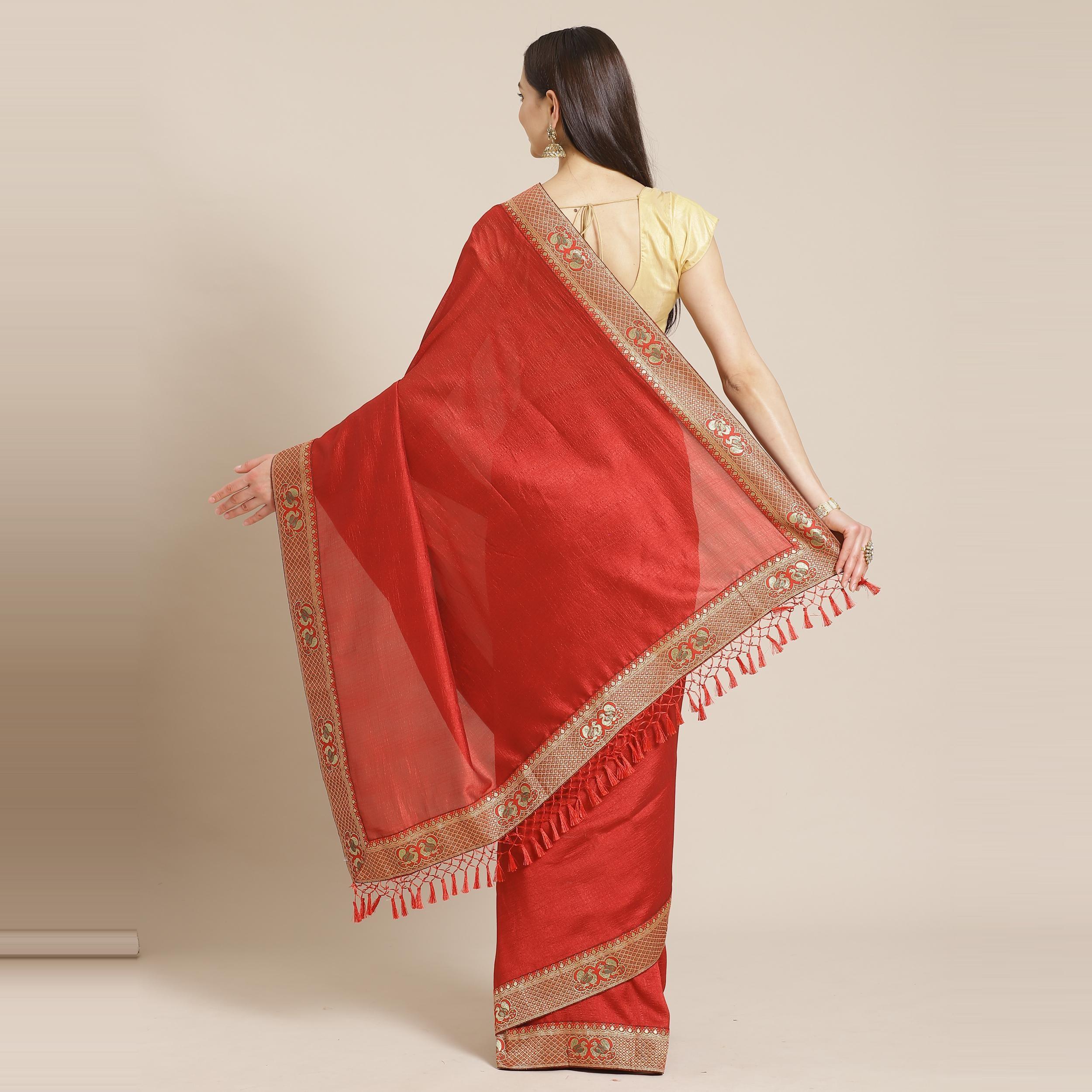 Hypnotic Red Colored Festive Woven Silk Blend Saree - Peachmode