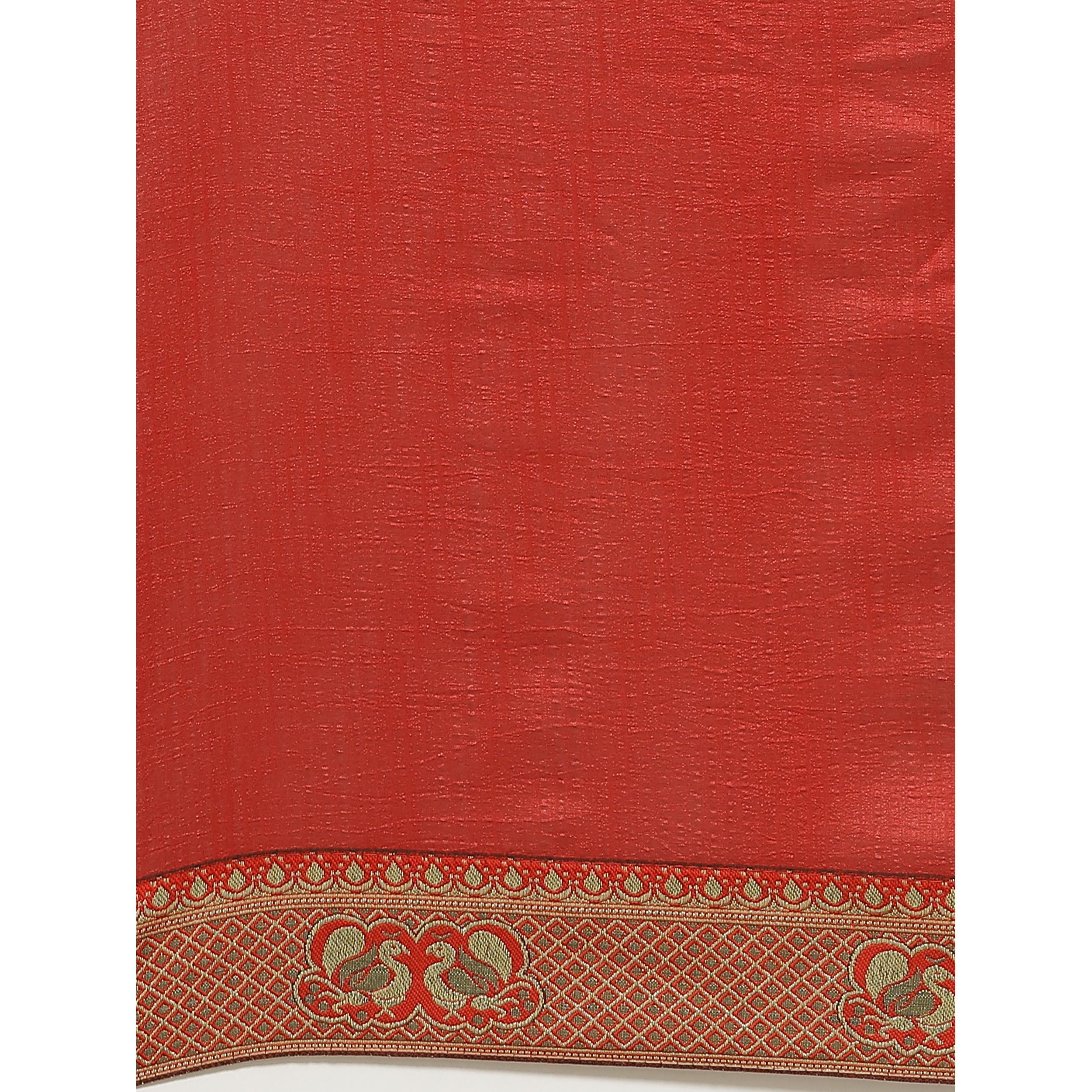 Hypnotic Red Colored Festive Woven Silk Blend Saree - Peachmode