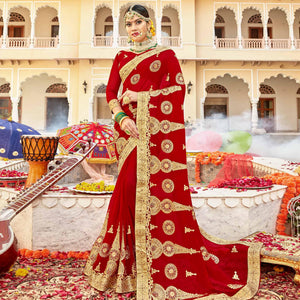 Hypnotic Red Colored Partywear Embroidered Georgette Saree - Peachmode