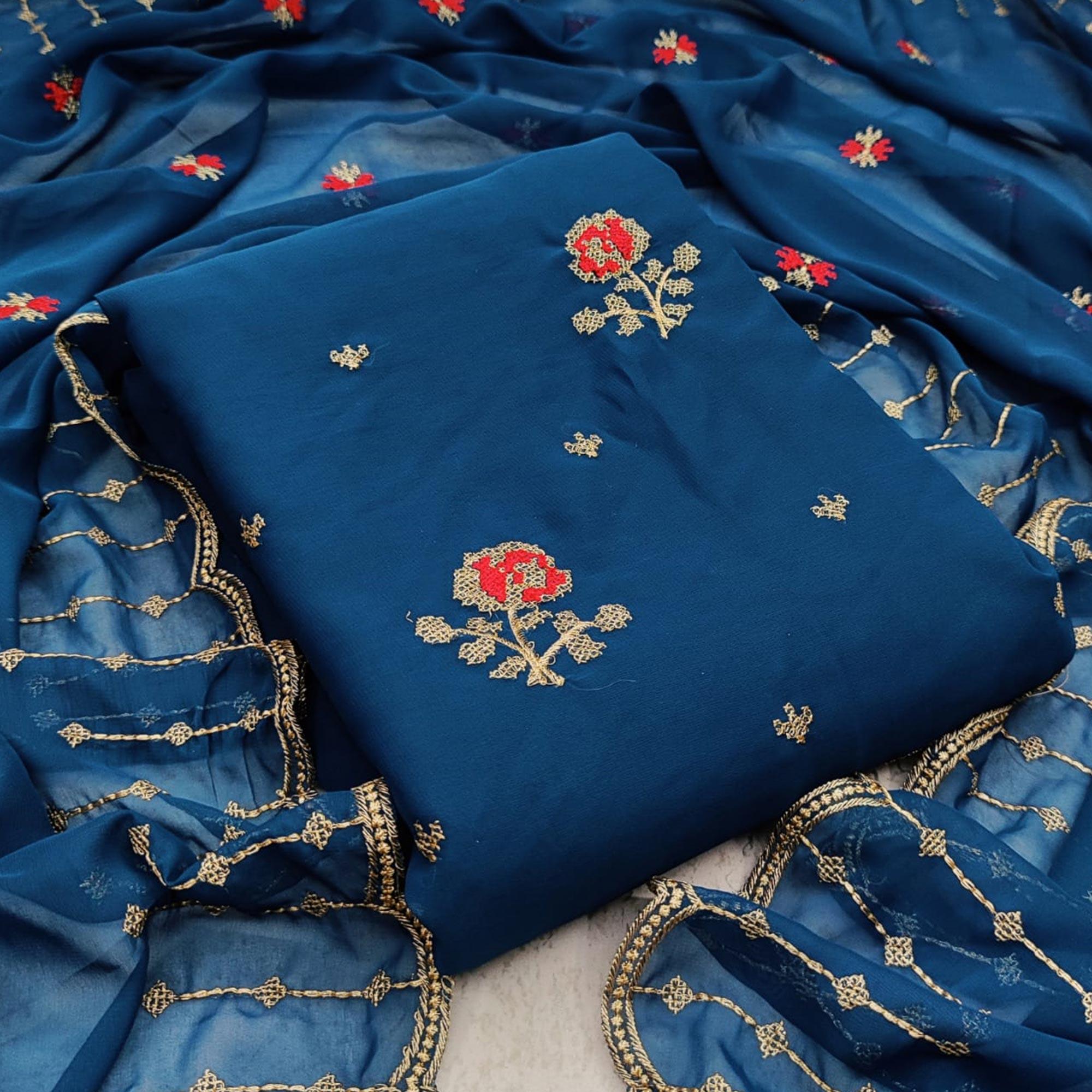 Hypnotic Sky Blue Colored Casual Wear Embroidered Georgette Dress Material - Peachmode