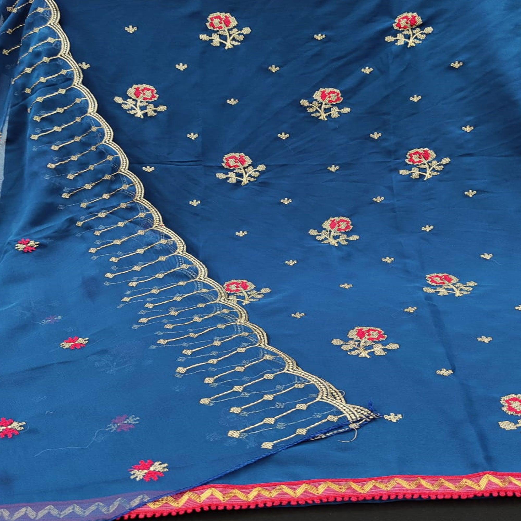 Hypnotic Sky Blue Colored Casual Wear Embroidered Georgette Dress Material - Peachmode