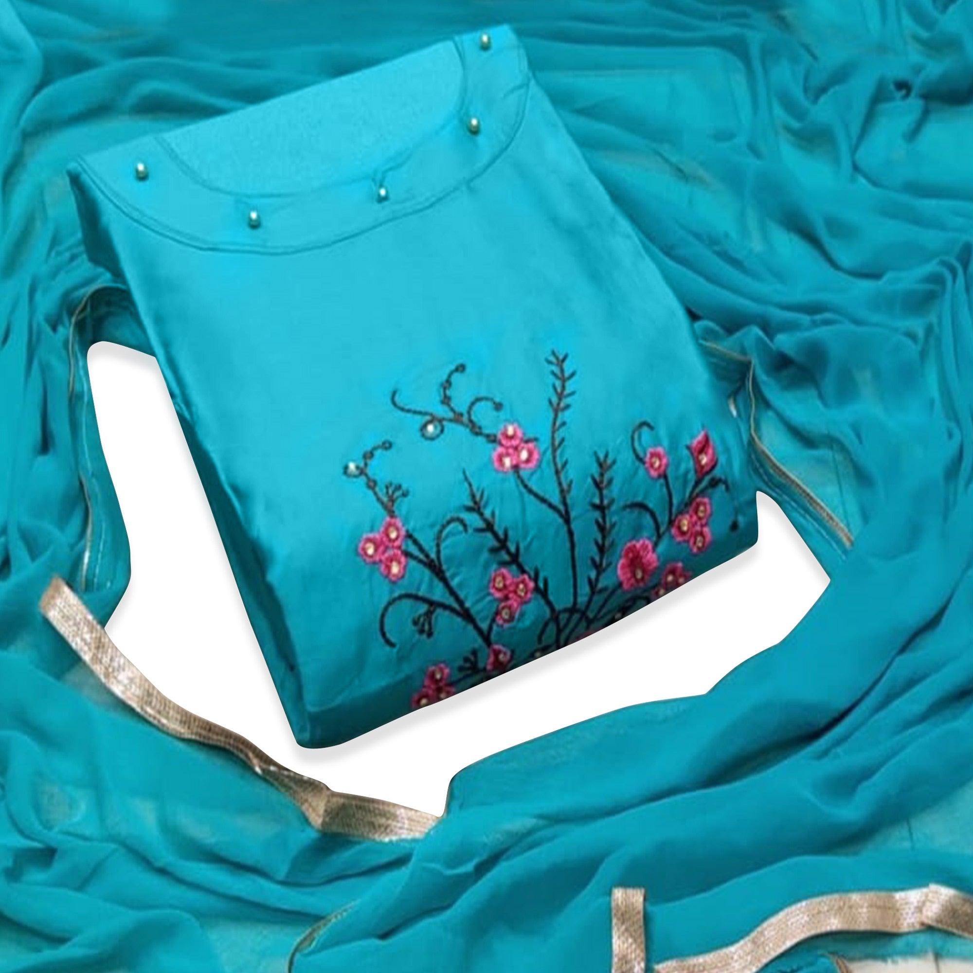 Hypnotic Sky Blue Colored Casual Wear Floral Embroidered Cotton Dress Material - Peachmode