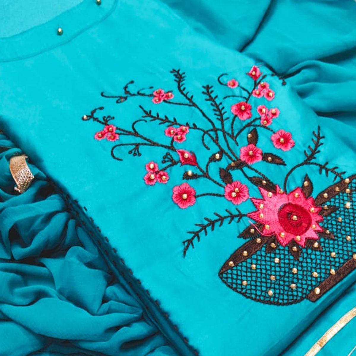 Hypnotic Sky Blue Colored Casual Wear Floral Embroidered Cotton Dress Material - Peachmode
