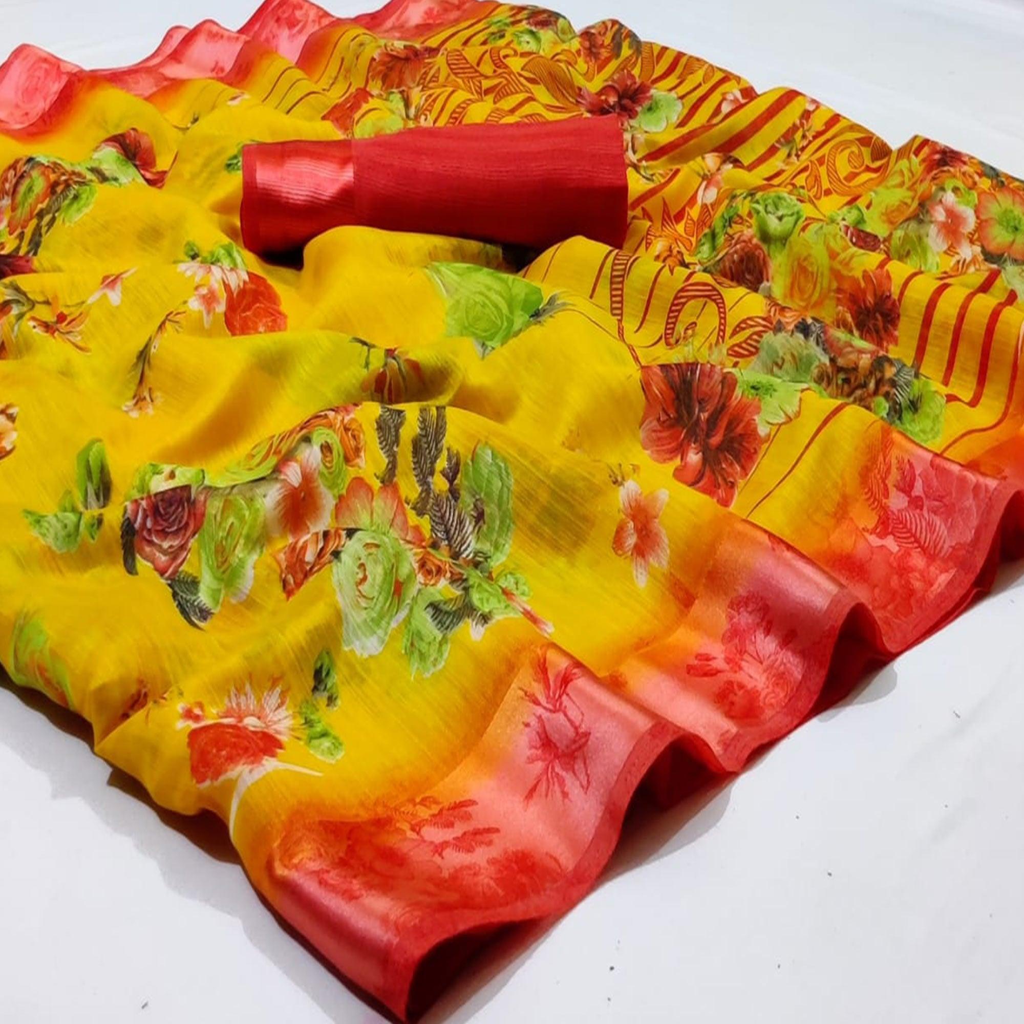 Hypnotic Yellow Colored Casual Wear Fancy Printed Linen Saree - Peachmode