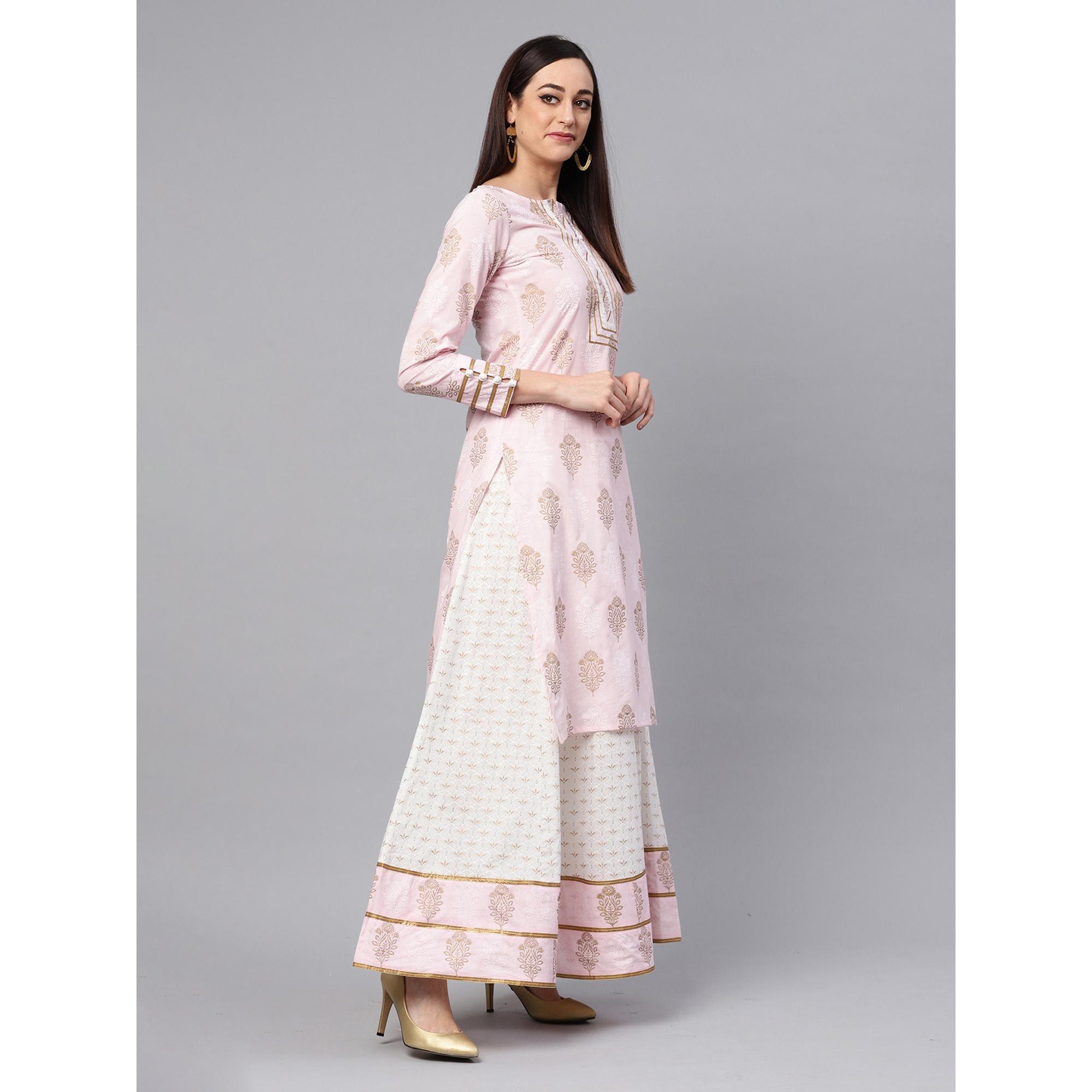 Idalia - Baby Pink Printed Kurta With Gold Print Skirt - Peachmode