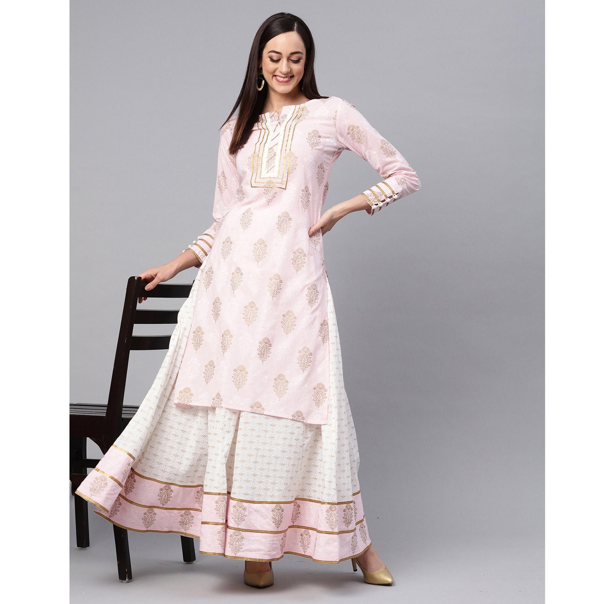 Idalia - Baby Pink Printed Kurta With Gold Print Skirt - Peachmode