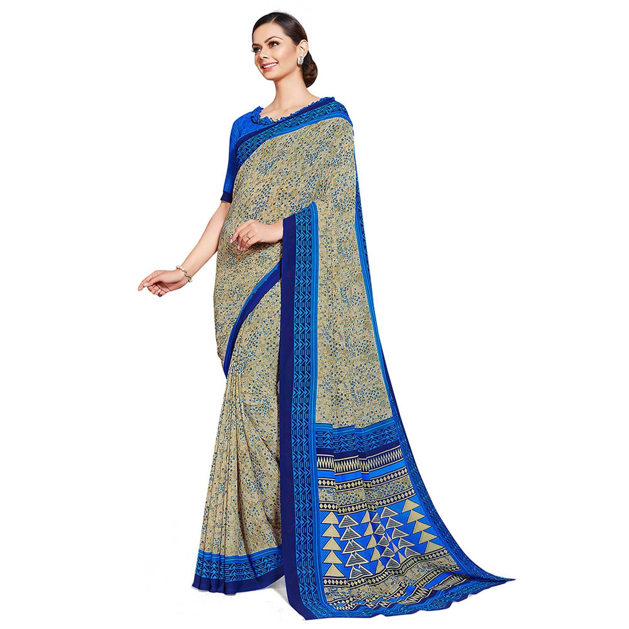 Ideal Beige-Blue Colored Casual Printed Georgette Saree - Peachmode
