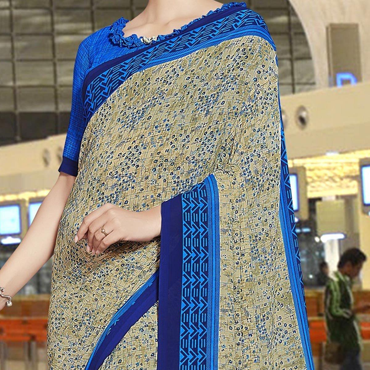 Ideal Beige-Blue Colored Casual Printed Georgette Saree - Peachmode