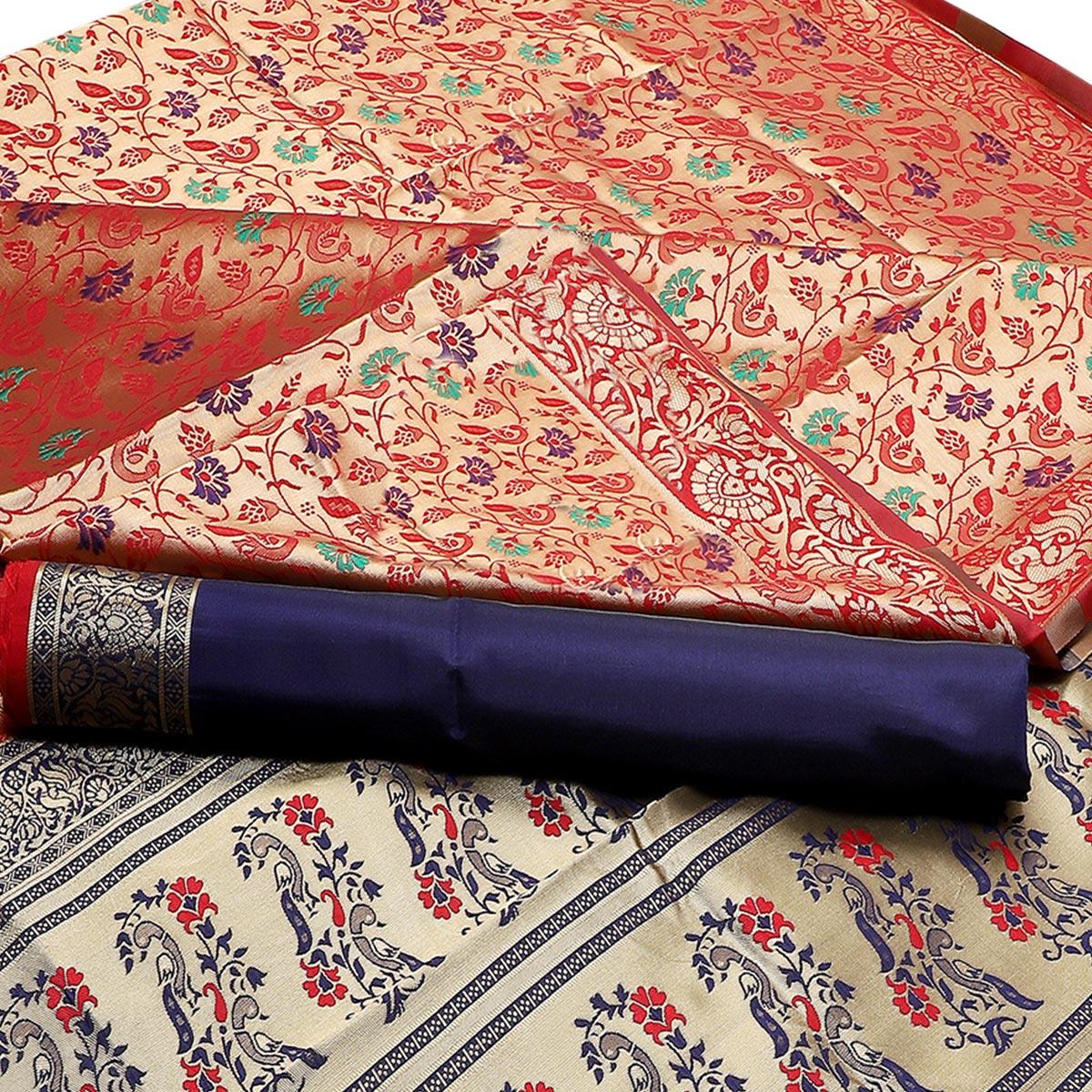 Ideal Beige-Red Colored Festive Wear Woven Banarasi Art Silk Saree - Peachmode