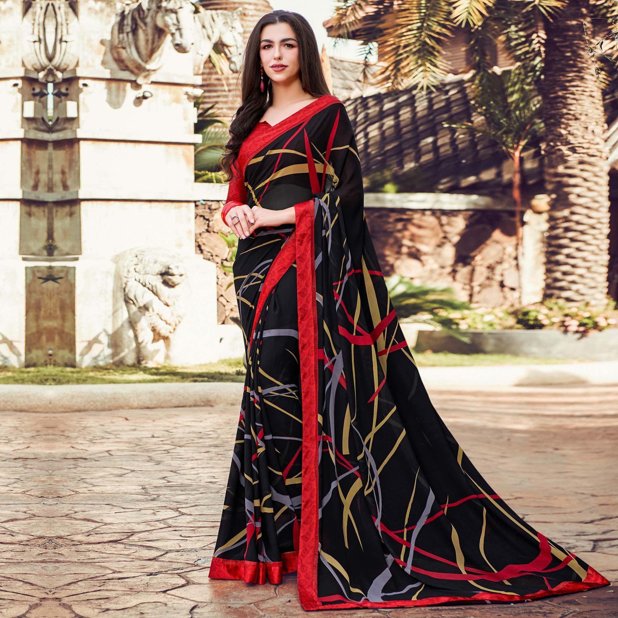 Ideal Black Colored Partywear Designer Printed Georgette Saree - Peachmode
