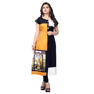 Ideal Black Yellow Colored Casual Printed Crepe Kurti - Peachmode