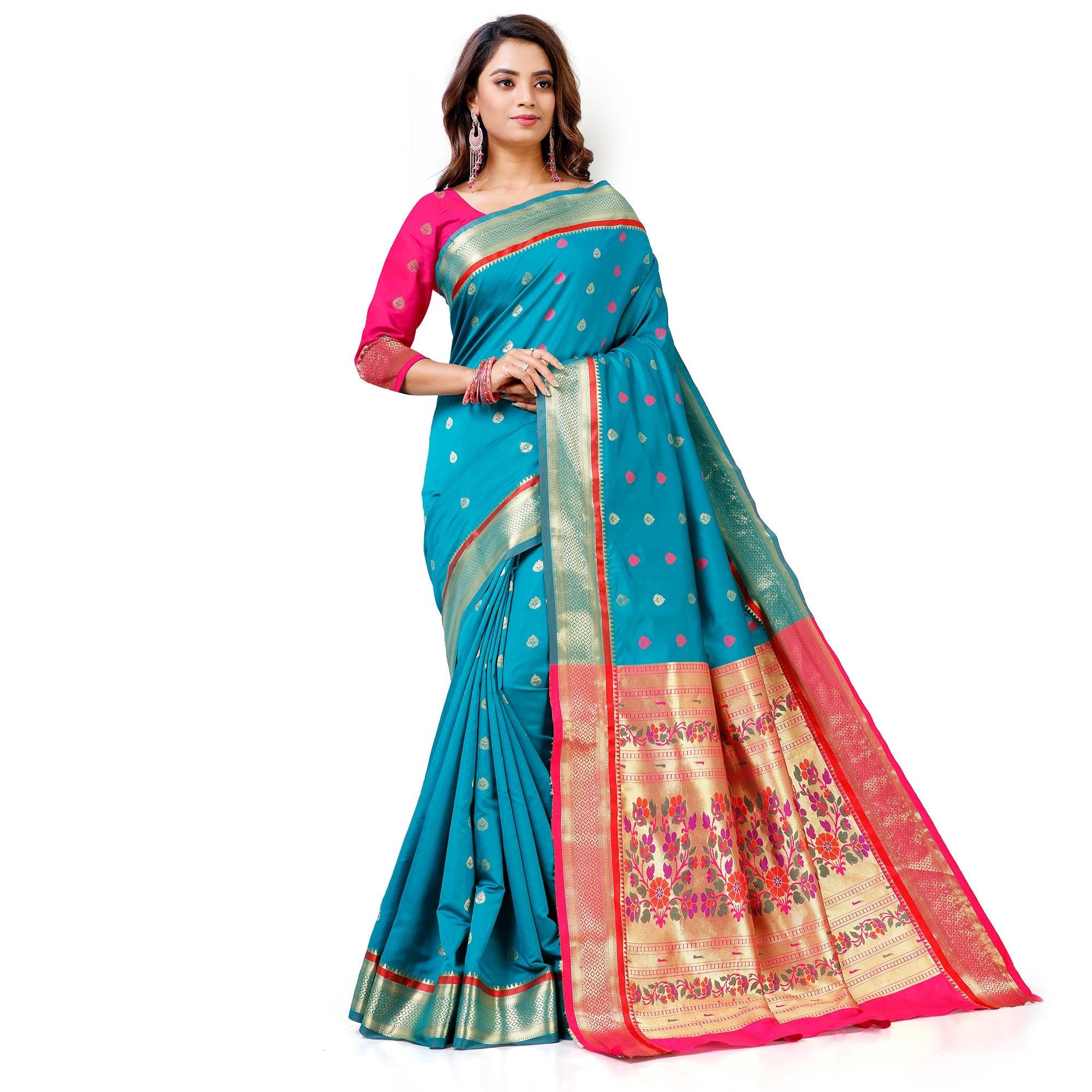 Ideal Blue Colored Festive Wear Woven Banarasi Art Silk Saree With Paithani Pallu - Peachmode