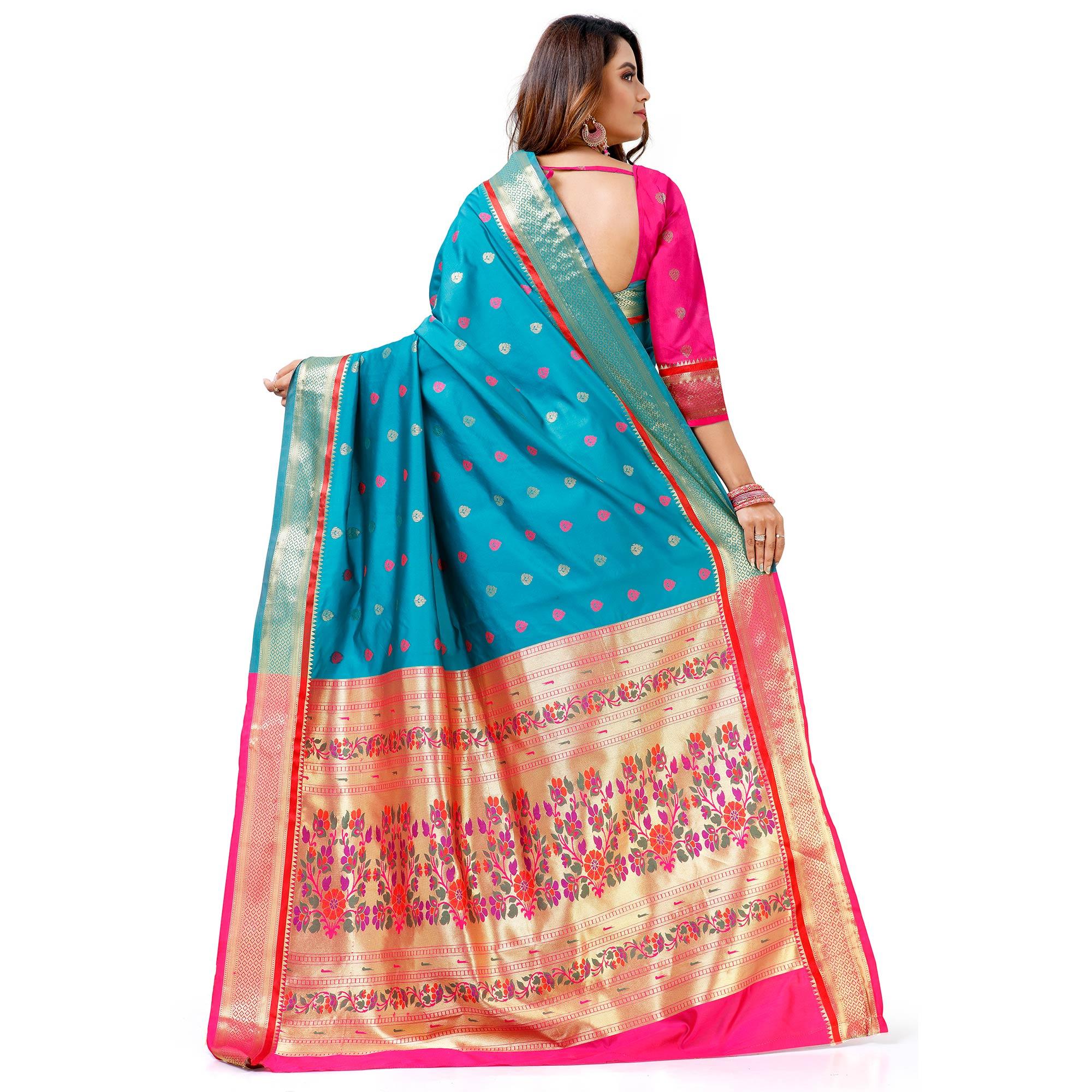 Ideal Blue Colored Festive Wear Woven Banarasi Art Silk Saree With Paithani Pallu - Peachmode
