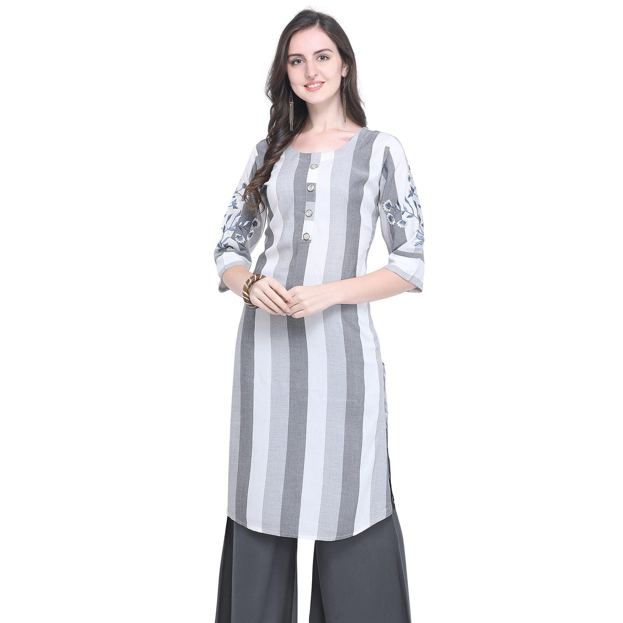 Ideal Gray Colored Casual Embroidered Rayon Kurti - Peachmode