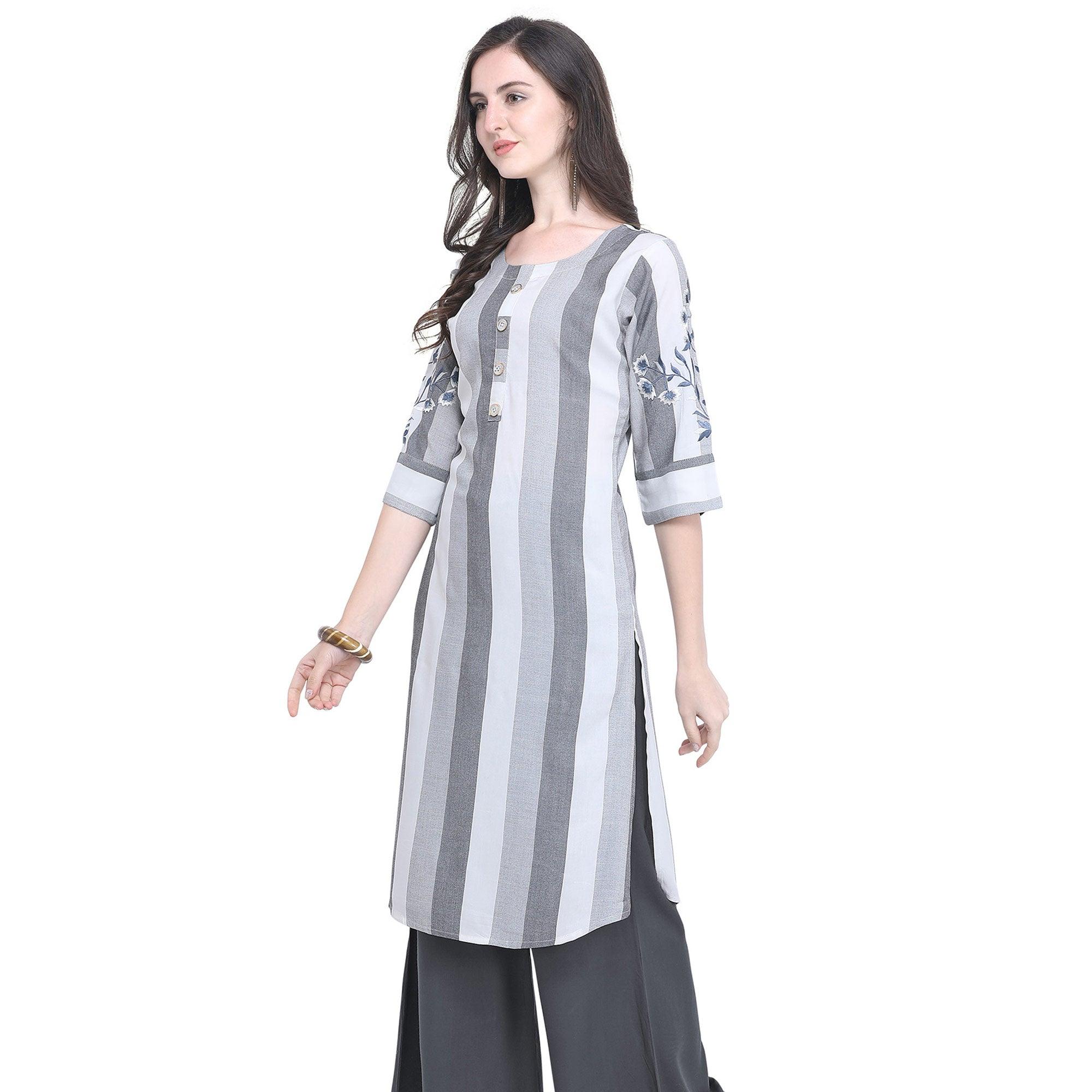 Ideal Gray Colored Casual Embroidered Rayon Kurti - Peachmode