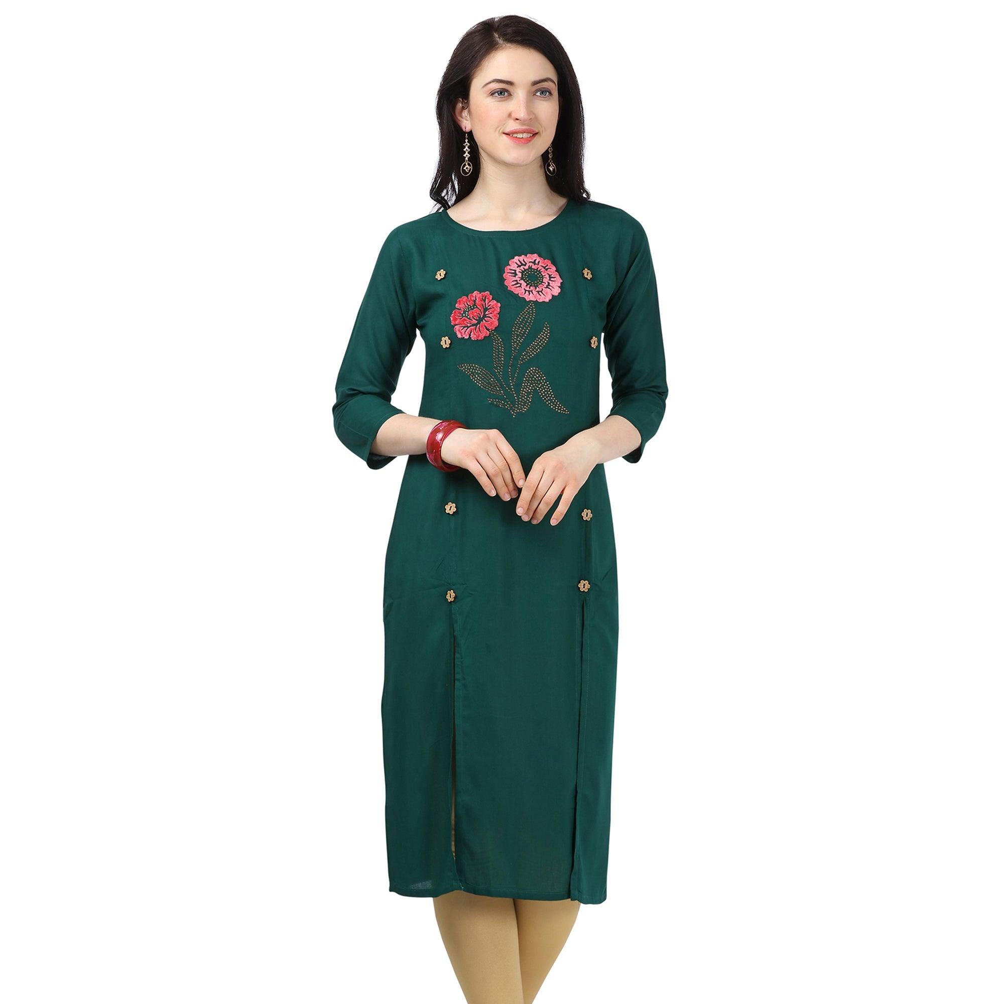 Ideal Green Colored Partywear Embellished Rayon Kurti - Peachmode