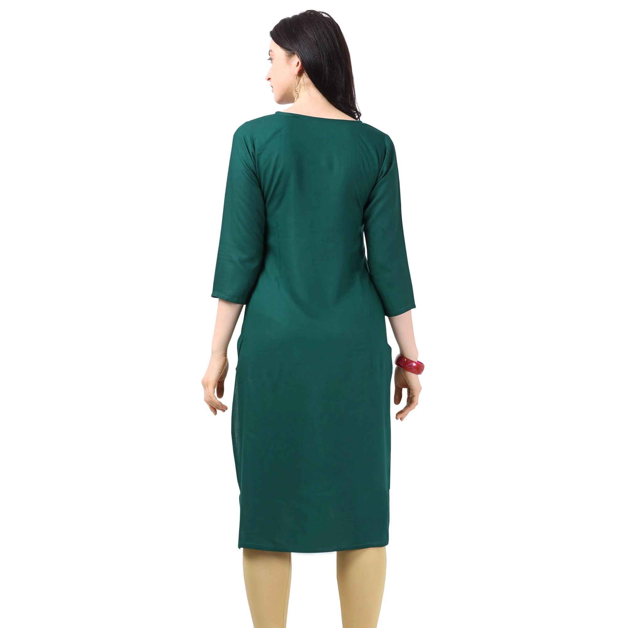 Ideal Green Colored Partywear Embellished Rayon Kurti - Peachmode