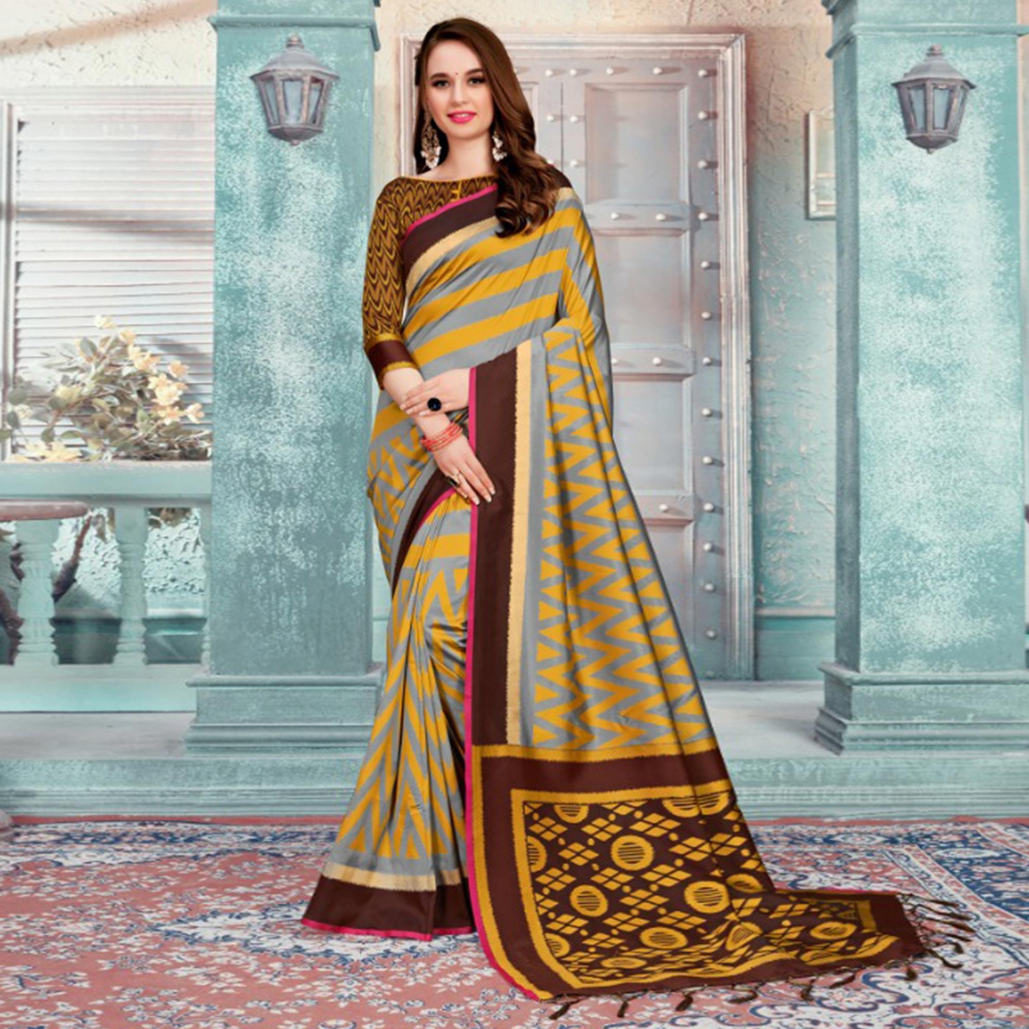 Ideal Grey & Mustard Colored Festive Wear Printed Cotton Silk Saree With Tassels - Peachmode