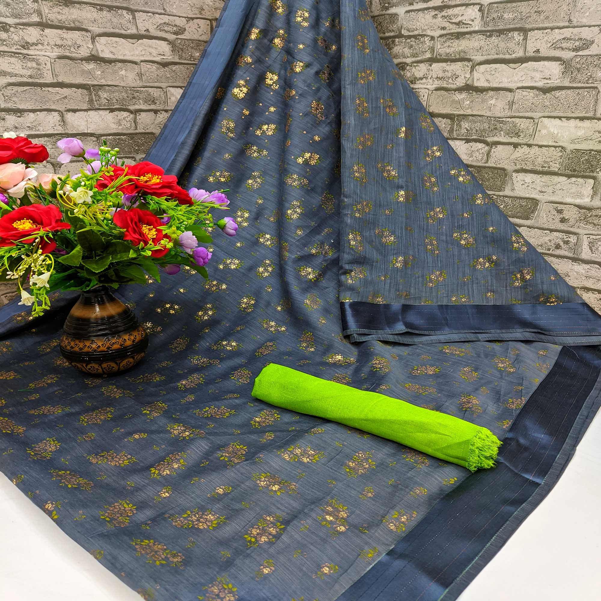 Ideal Grey Colored Foil Print And Satin Woven Border Casual Wear Cotton Saree - Peachmode