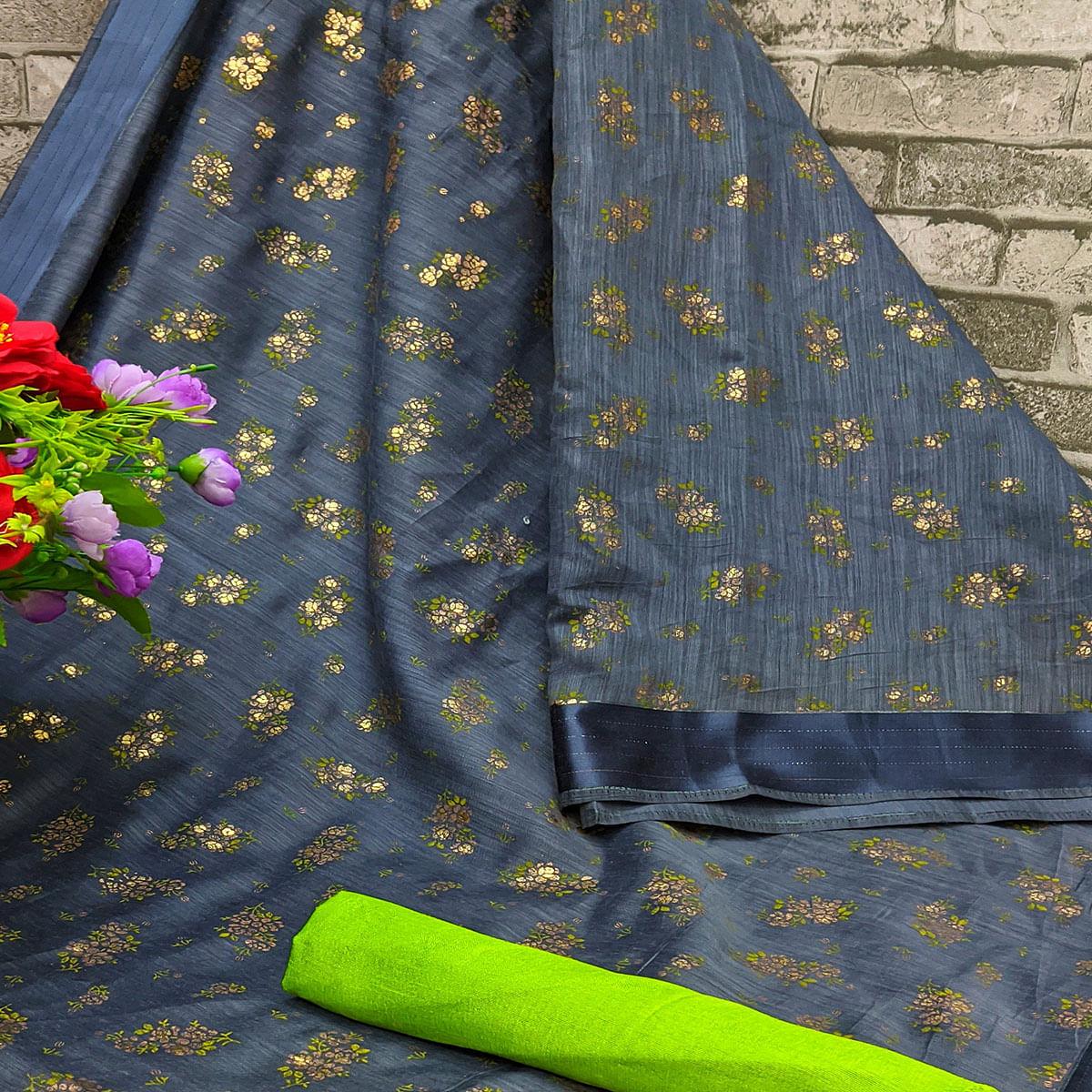 Ideal Grey Colored Foil Print And Satin Woven Border Casual Wear Cotton Saree - Peachmode
