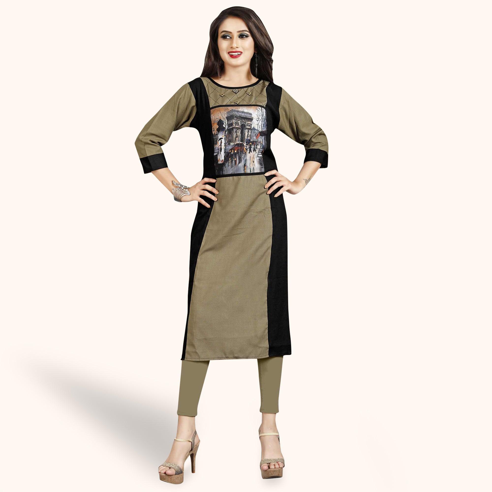 Ideal Light Coffee Colored Casual Printed Rayon Kurti - Peachmode
