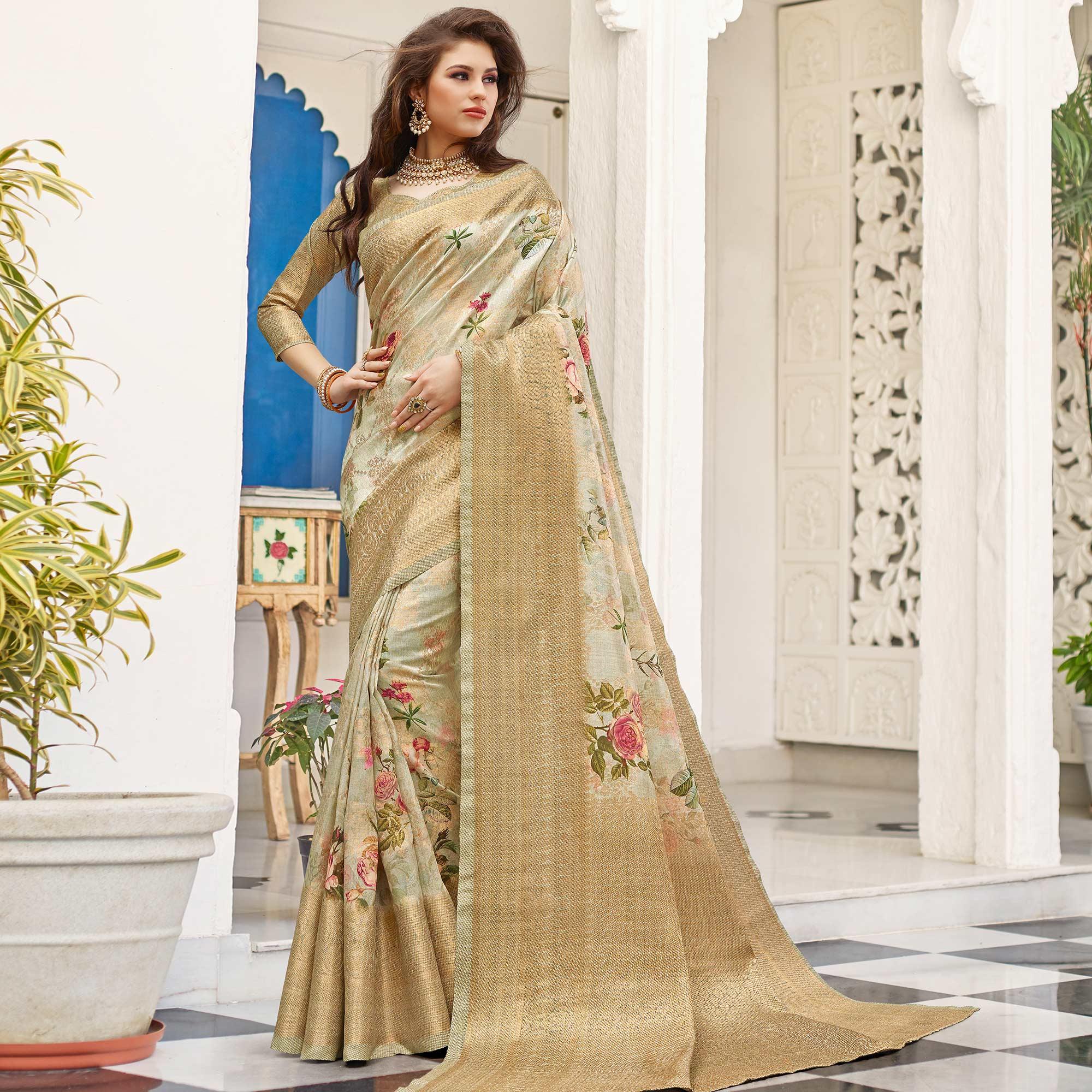 Ideal Light Grey Colored Partywear Digital Floral Printed Silk Saree - Peachmode