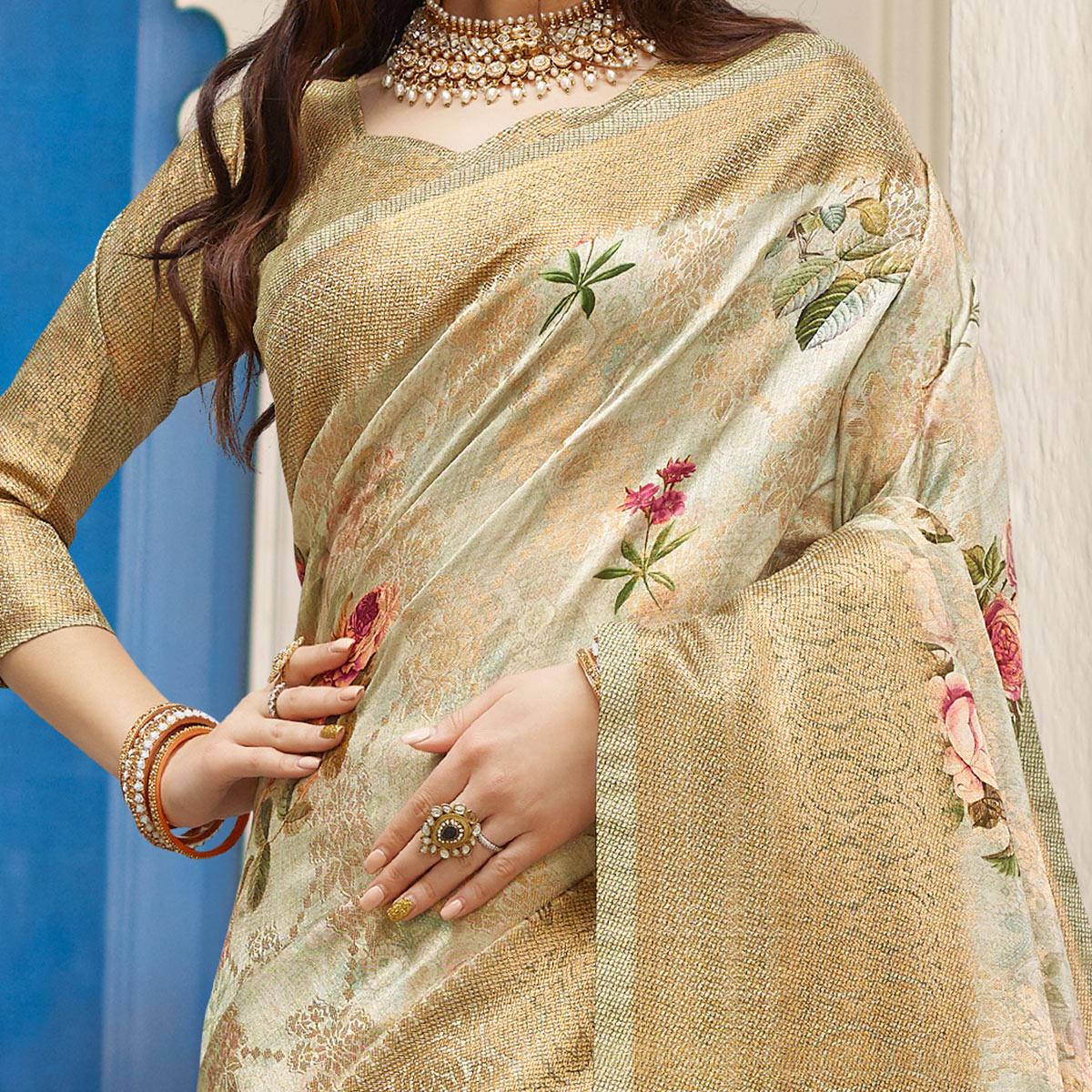 Ideal Light Grey Colored Partywear Digital Floral Printed Silk Saree - Peachmode