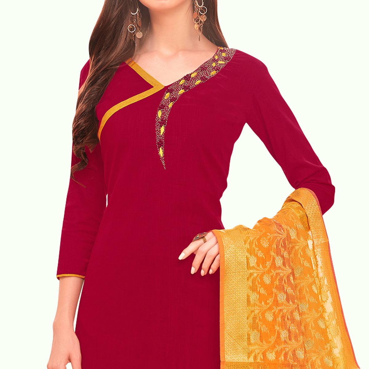 Ideal Magenta Pink Colored Casual Wear Embroidered Cotton Dress Material With Banarasi Silk Dupatta - Peachmode