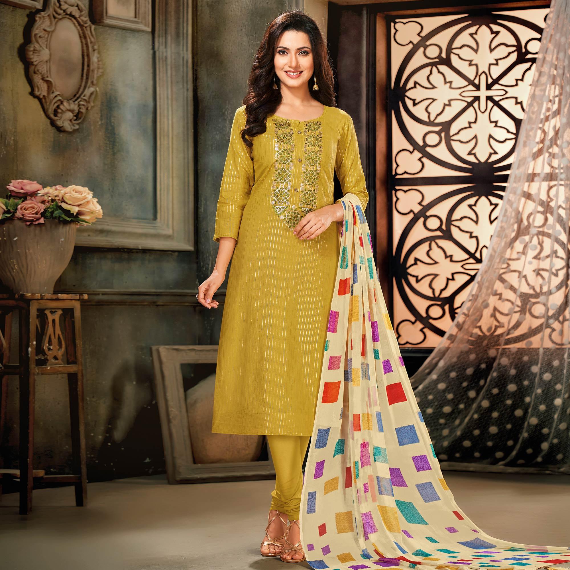 Ideal Mehendi Green Colored Partywear Embroidered Chanderi Dress Material - Peachmode