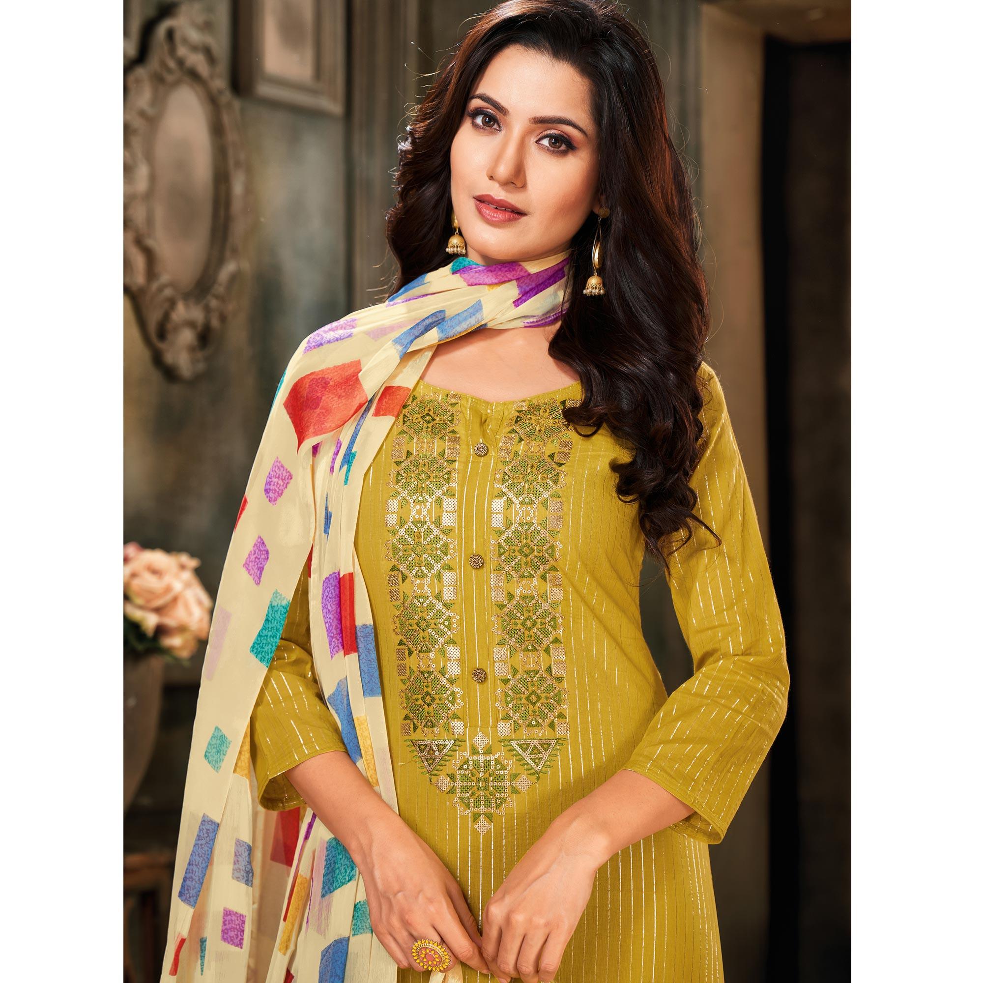 Ideal Mehendi Green Colored Partywear Embroidered Chanderi Dress Material - Peachmode